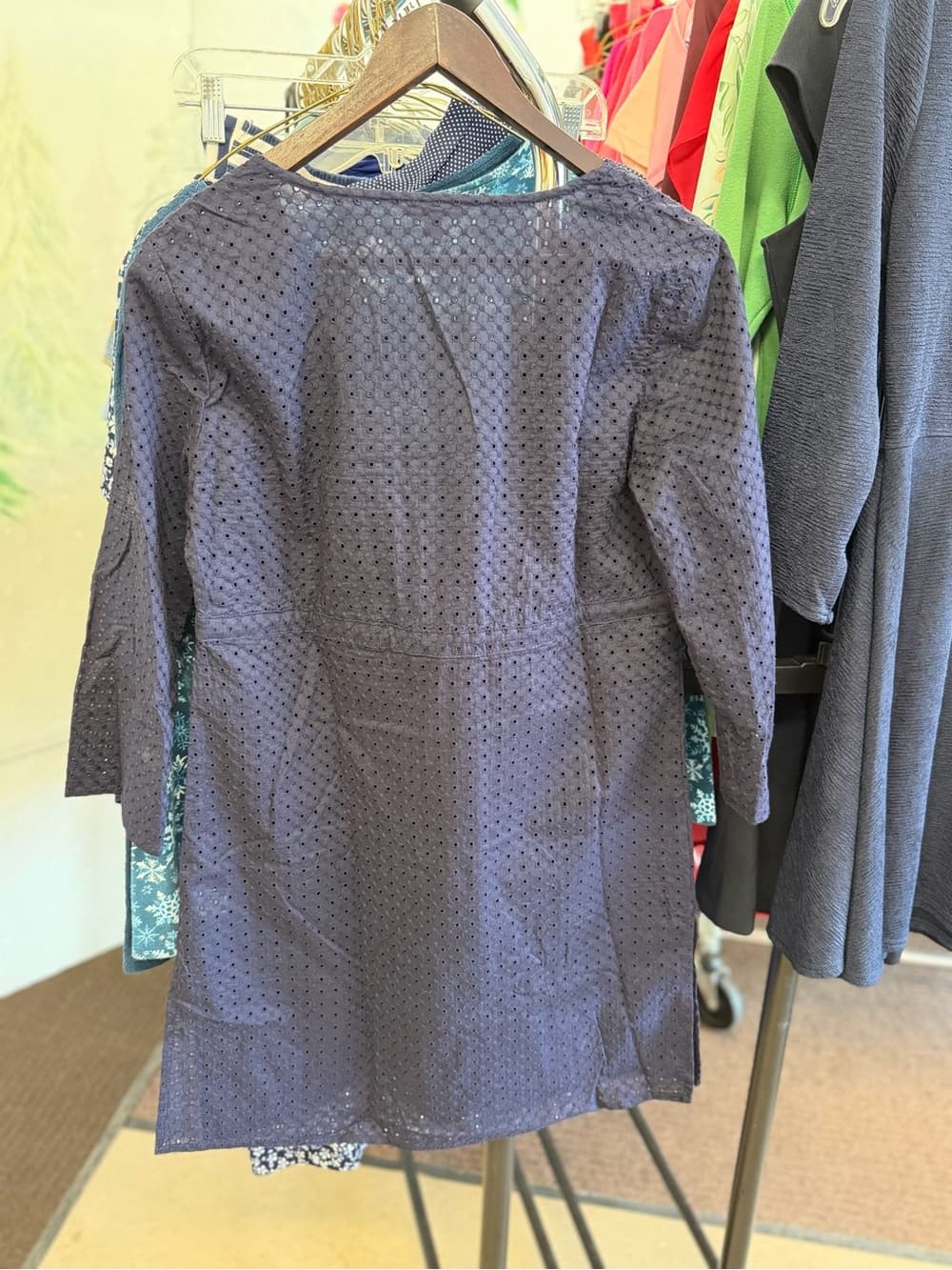 Navy Blue Eyelet Tie-Front Dress - Thumbnail 2
