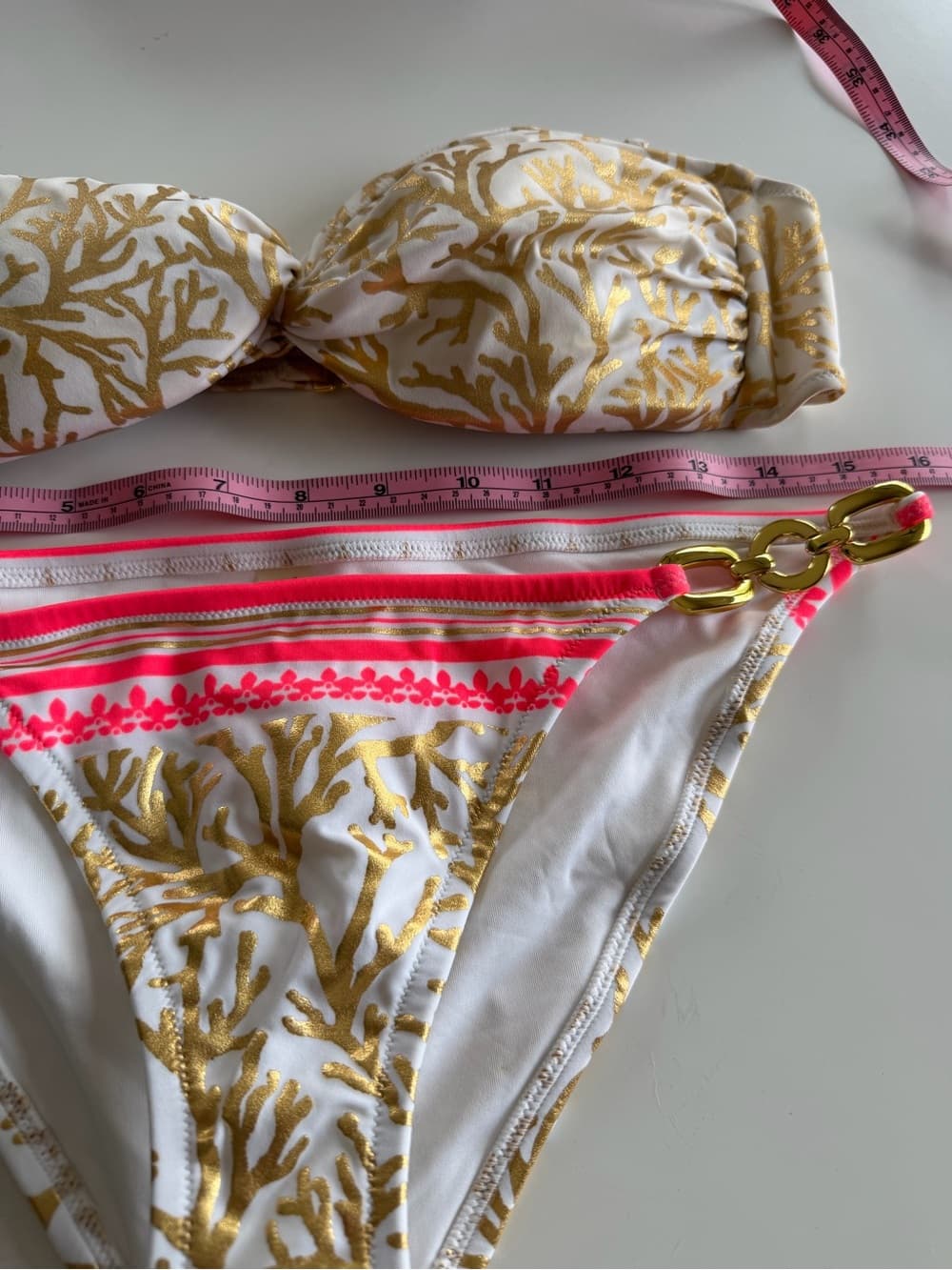 White & Gold Coral Print Bandeau Bikini - Thumbnail 2