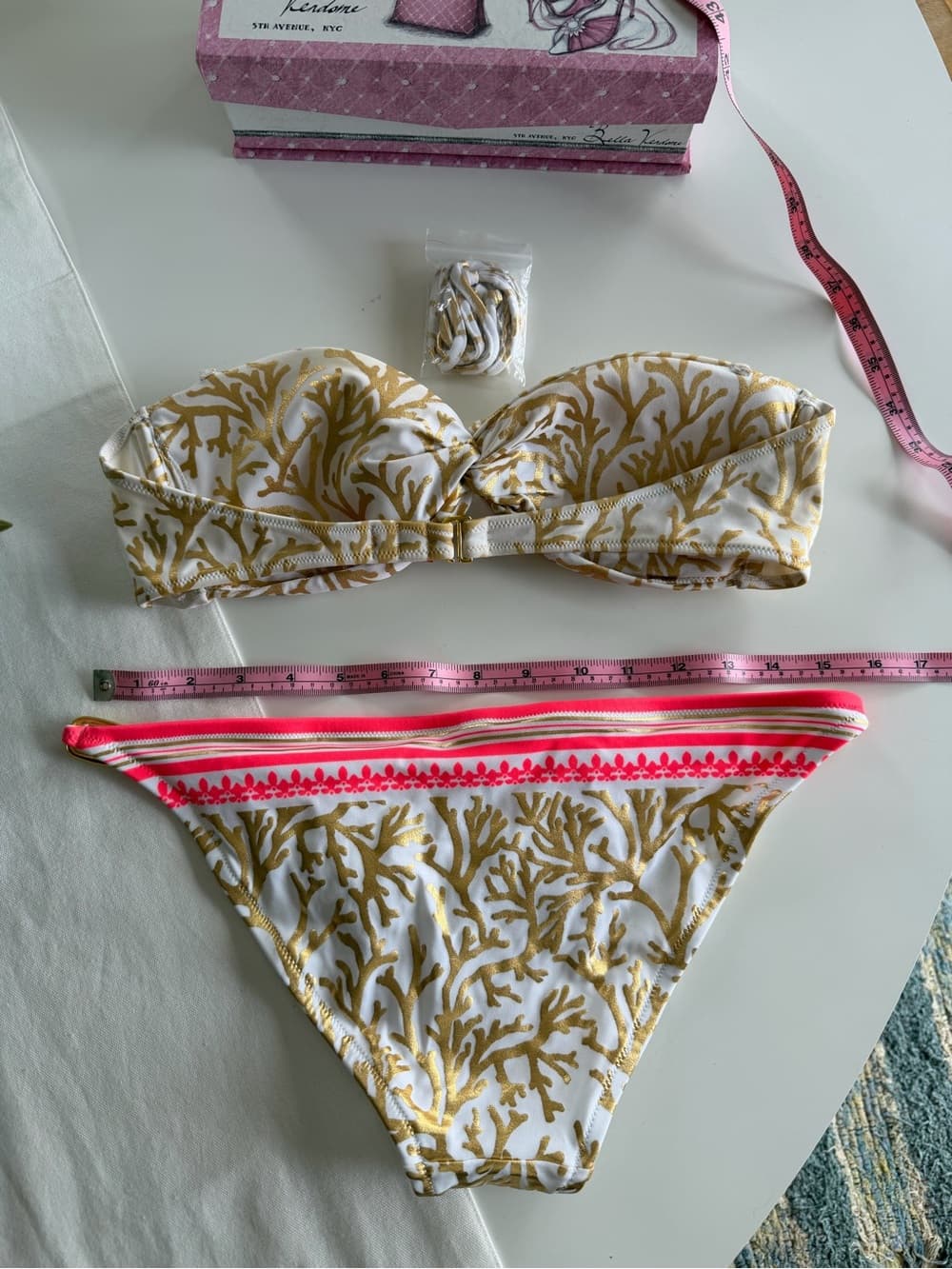 White & Gold Coral Print Bandeau Bikini - Thumbnail 3