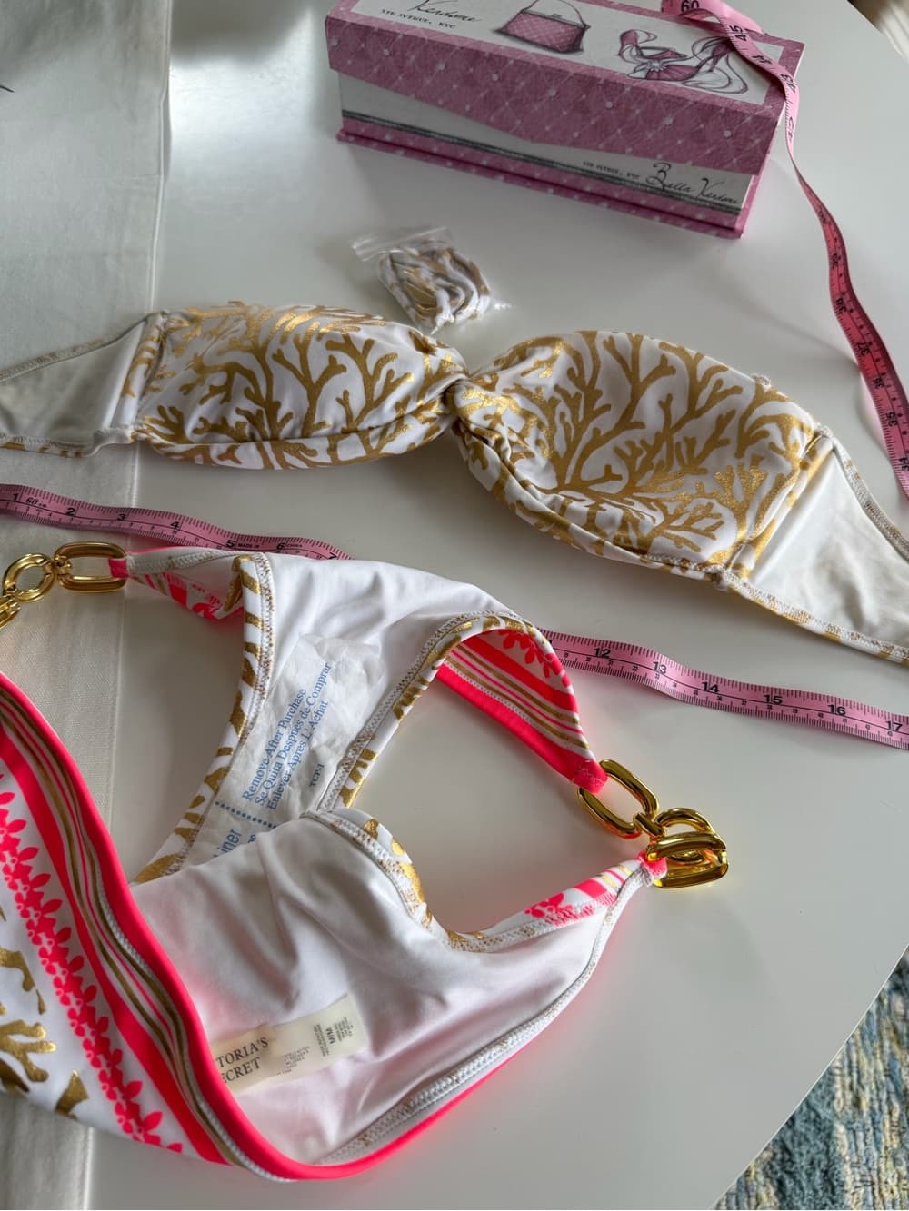 White & Gold Coral Print Bandeau Bikini - Thumbnail 4