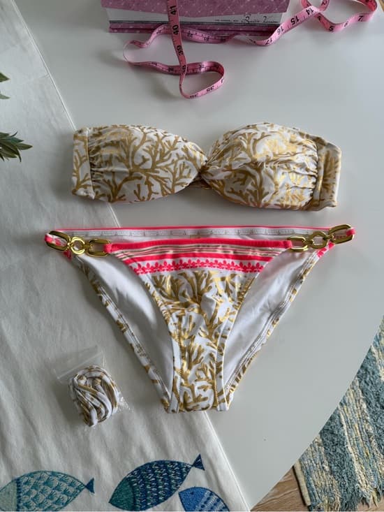 White & Gold Coral Print Bandeau Bikini - Thumbnail 6
