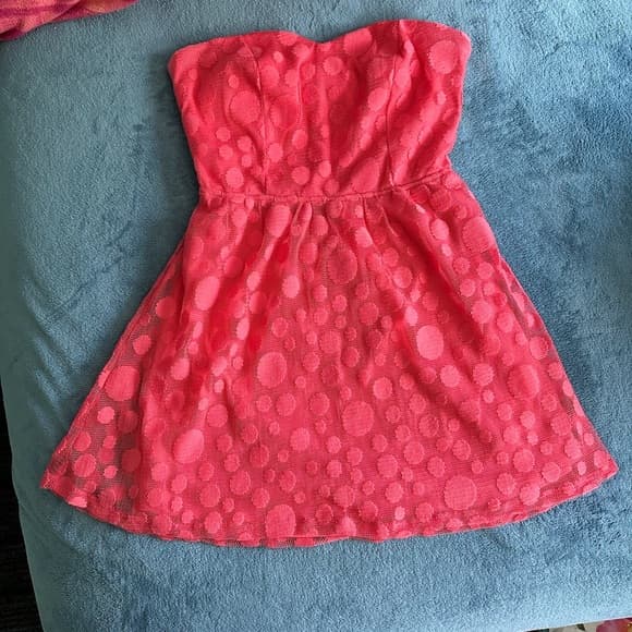 Fun Strapless Coral Pink Dot Lace Dress - Thumbnail 4