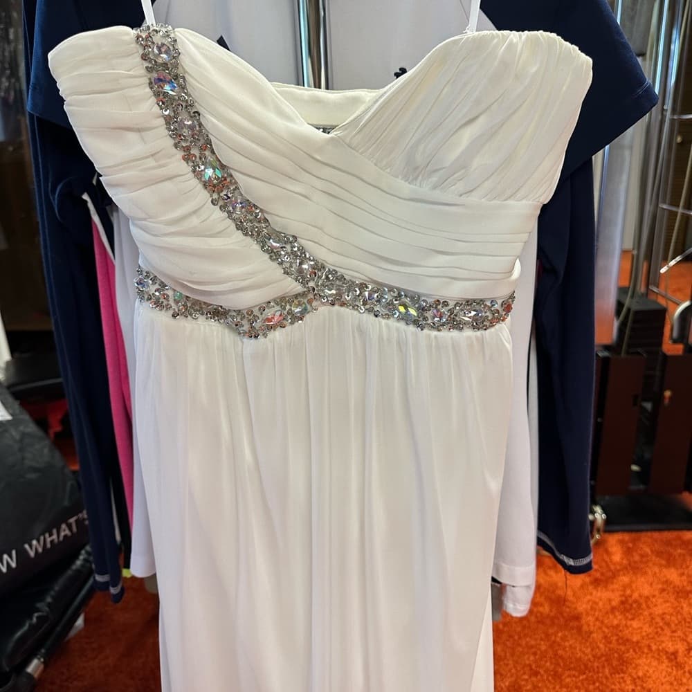 Elegant White Floor Length Evening Gown with Silver Accents - 7/8
