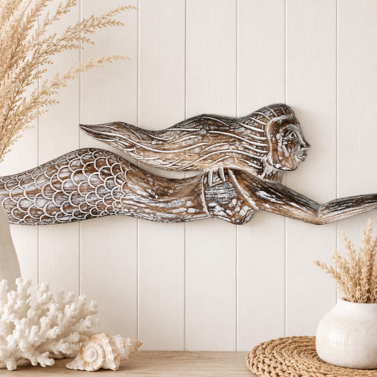 Hand-Carved Wood Mermaid Wall Hanging – 39″ Rustic Coastal Beach House Art Sculpture - Thumbnail 3