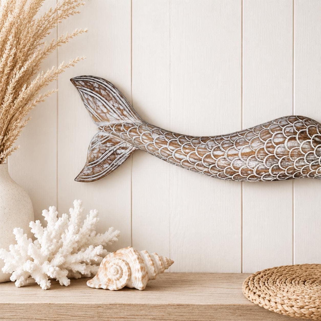 Hand-Carved Wood Mermaid Wall Hanging – 39″ Rustic Coastal Beach House Art Sculpture - Thumbnail 4