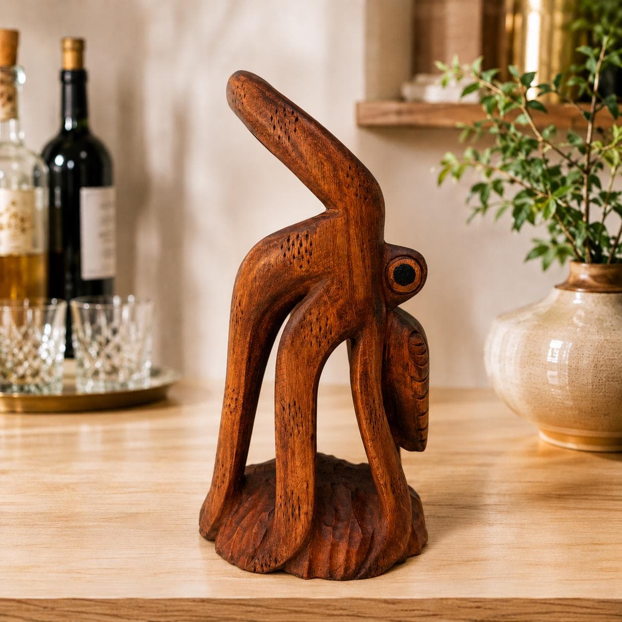 Hand Carved Wooden Octopus Wine Bottle Holder, Coastal Nautical Bar Decor - Thumbnail 7