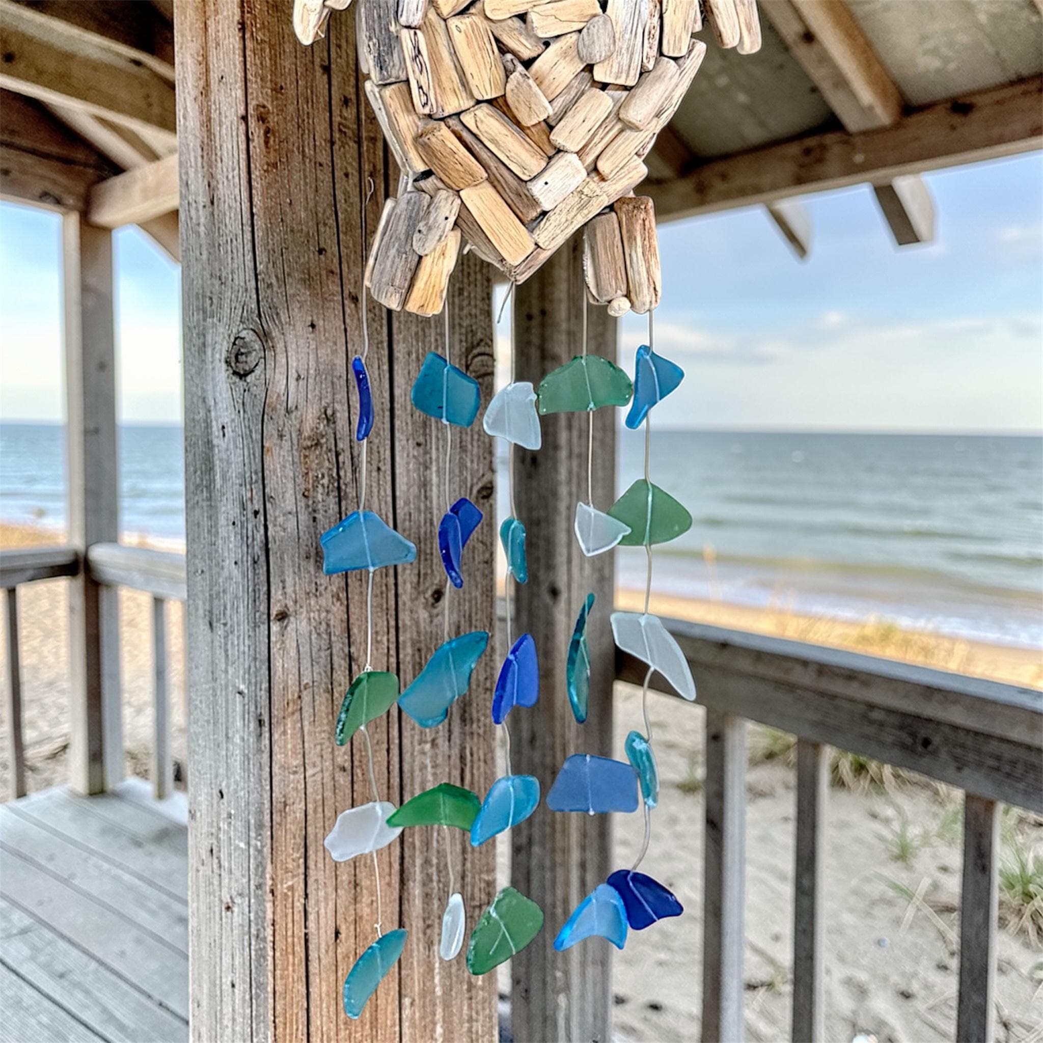 Handmade Driftwood Turtle Sea Glass Wind Chime – Bali Coastal Decor, Ocean Inspired 21" - Thumbnail 2
