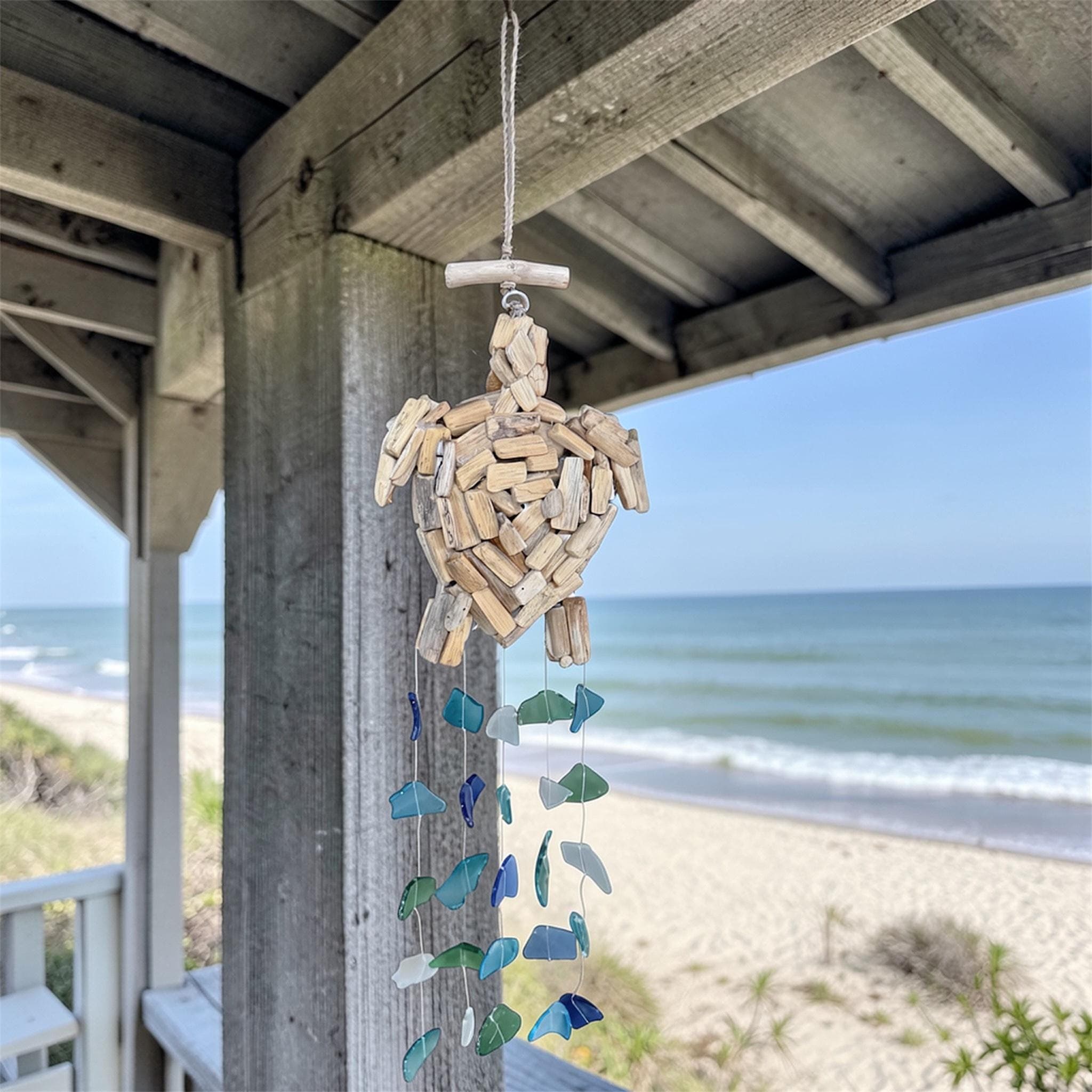 Handmade Driftwood Turtle Sea Glass Wind Chime – Bali Coastal Decor, Ocean Inspired 21" - Thumbnail 3
