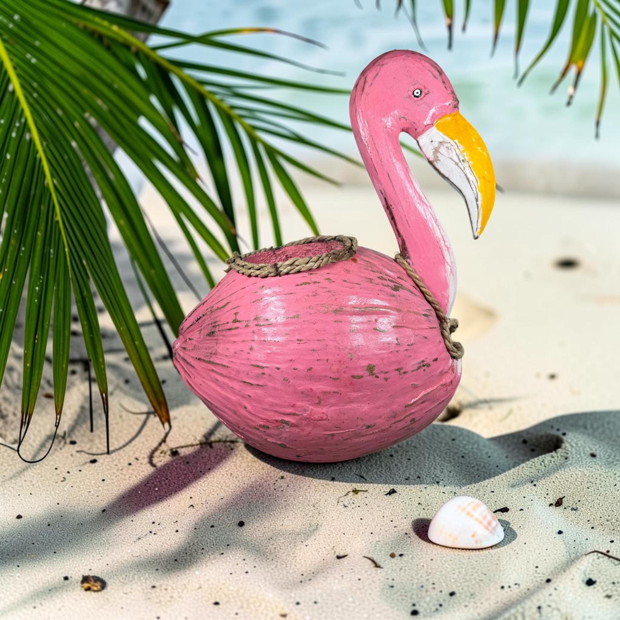 Handmade Flamingo Coconut Planter | Tropical Beach Decor | Pink Flamingo Flower Pot | Coastal Garden Decor | Unique Succulent Planter - Thumbnail 6