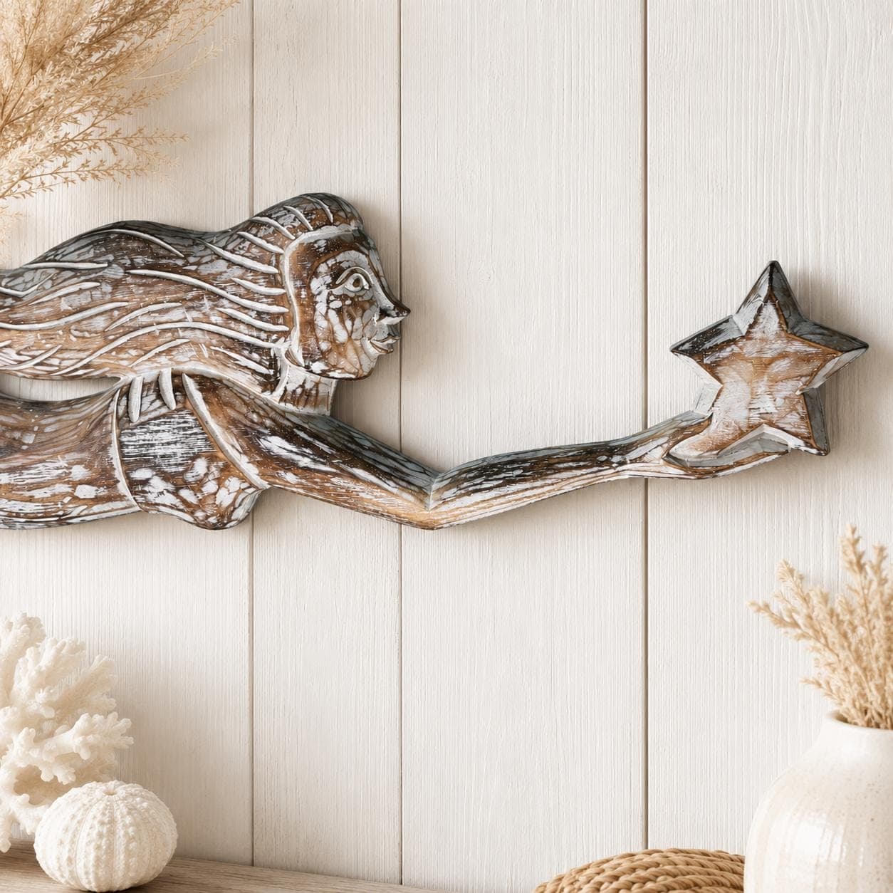 Hand-Carved Wood Mermaid Wall Hanging – 39″ Rustic Coastal Beach House Art Sculpture - Thumbnail 2