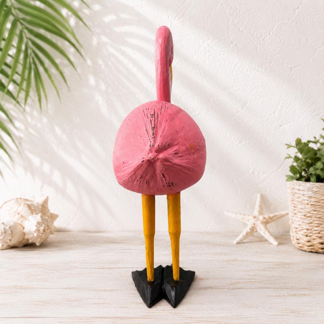 Handmade Coconut Flamingo Statue, Pink Tropical Coastal Bird Decor, Beach House Shelf Sculpture, Tiki Bar Tabletop Decor - Thumbnail 4