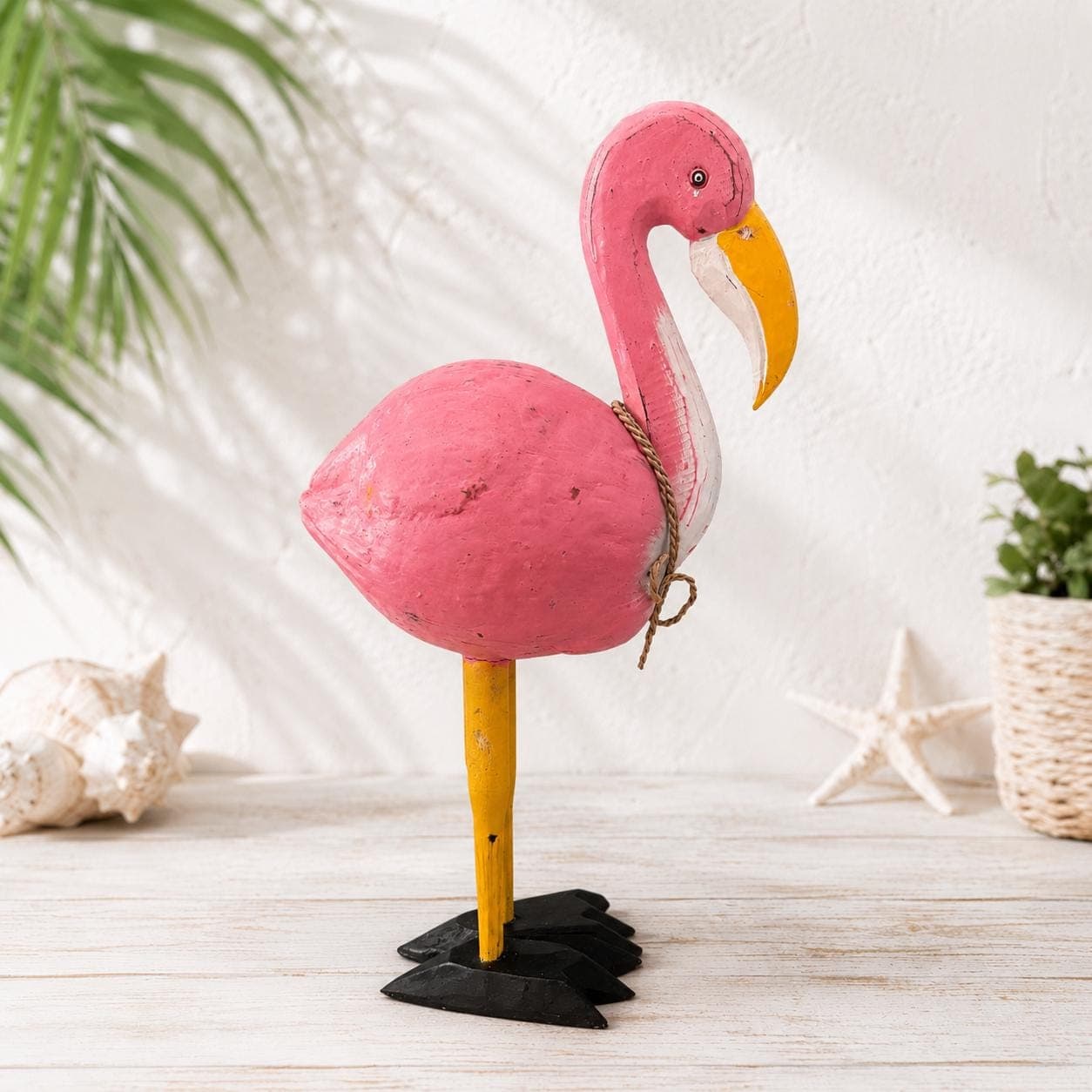 Handmade Coconut Flamingo Statue, Pink Tropical Coastal Bird Decor, Beach House Shelf Sculpture, Tiki Bar Tabletop Decor - Thumbnail 2