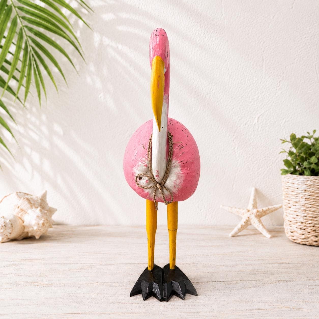 Handmade Coconut Flamingo Statue, Pink Tropical Coastal Bird Decor, Beach House Shelf Sculpture, Tiki Bar Tabletop Decor - Thumbnail 3
