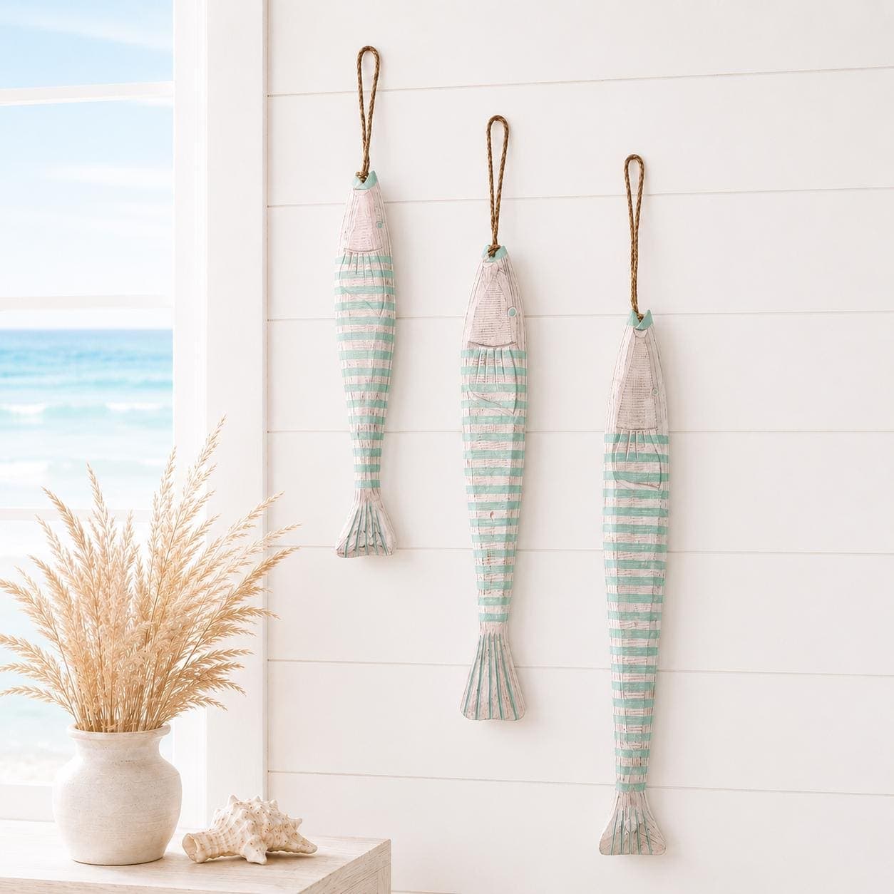 Set of 3 Wooden Fish Wall Decor, Hand Carved Nautical Beach House Hanging Fish - Thumbnail 3