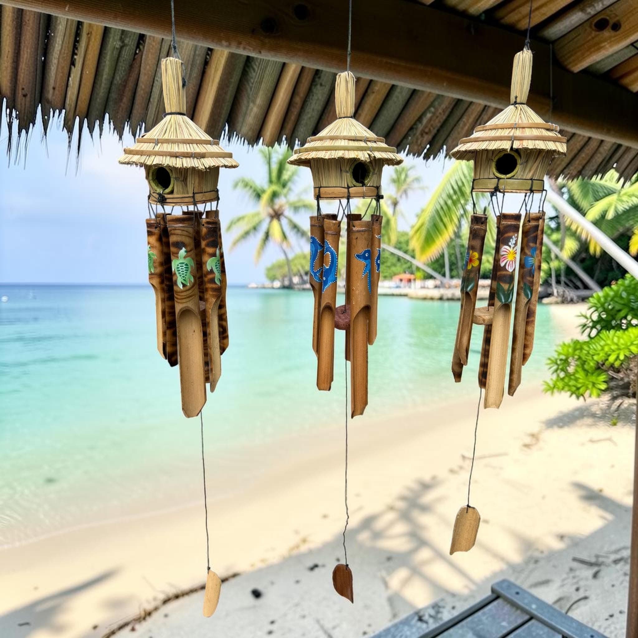 Tiki Hut Birdhouse Wind Chime, Handmade Bamboo Coastal Decor, Tropical Wind Chime, Beach House Patio Decor, Turtle Dolphin Hibiscus Starfish - Thumbnail 2