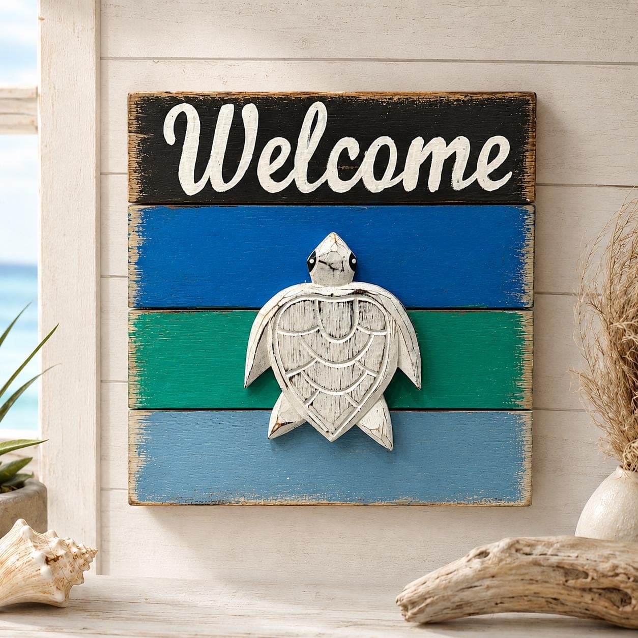 Wooden Welcome Sign, Coastal Beach House Wall Decor, Handmade Nautical Entryway Sign, Starfish Pelican or Turtle, Rustic Wood Sign - Thumbnail 3