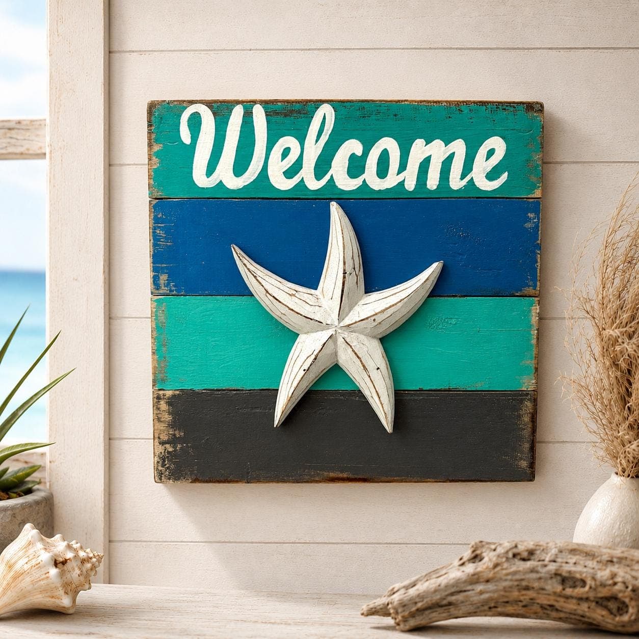 Wooden Welcome Sign, Coastal Beach House Wall Decor, Handmade Nautical Entryway Sign, Starfish Pelican or Turtle, Rustic Wood Sign - Thumbnail 4