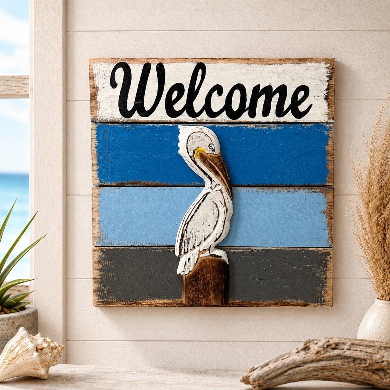 Wooden Welcome Sign, Coastal Beach House Wall Decor, Handmade Nautical Entryway Sign, Starfish Pelican or Turtle, Rustic Wood Sign - Thumbnail 2