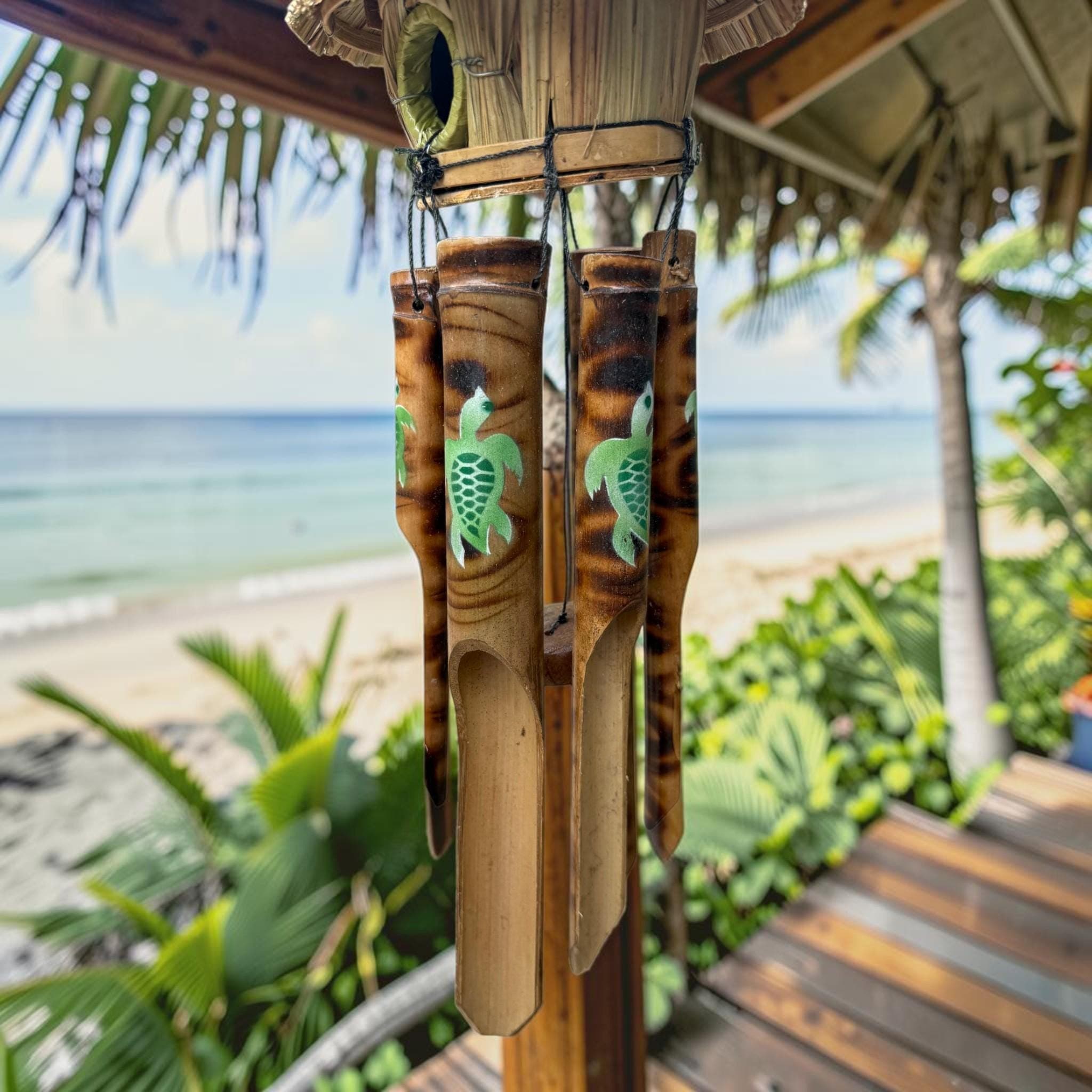 Tiki Hut Birdhouse Wind Chime, Handmade Bamboo Coastal Decor, Tropical Wind Chime, Beach House Patio Decor, Turtle Dolphin Hibiscus Starfish - Thumbnail 5