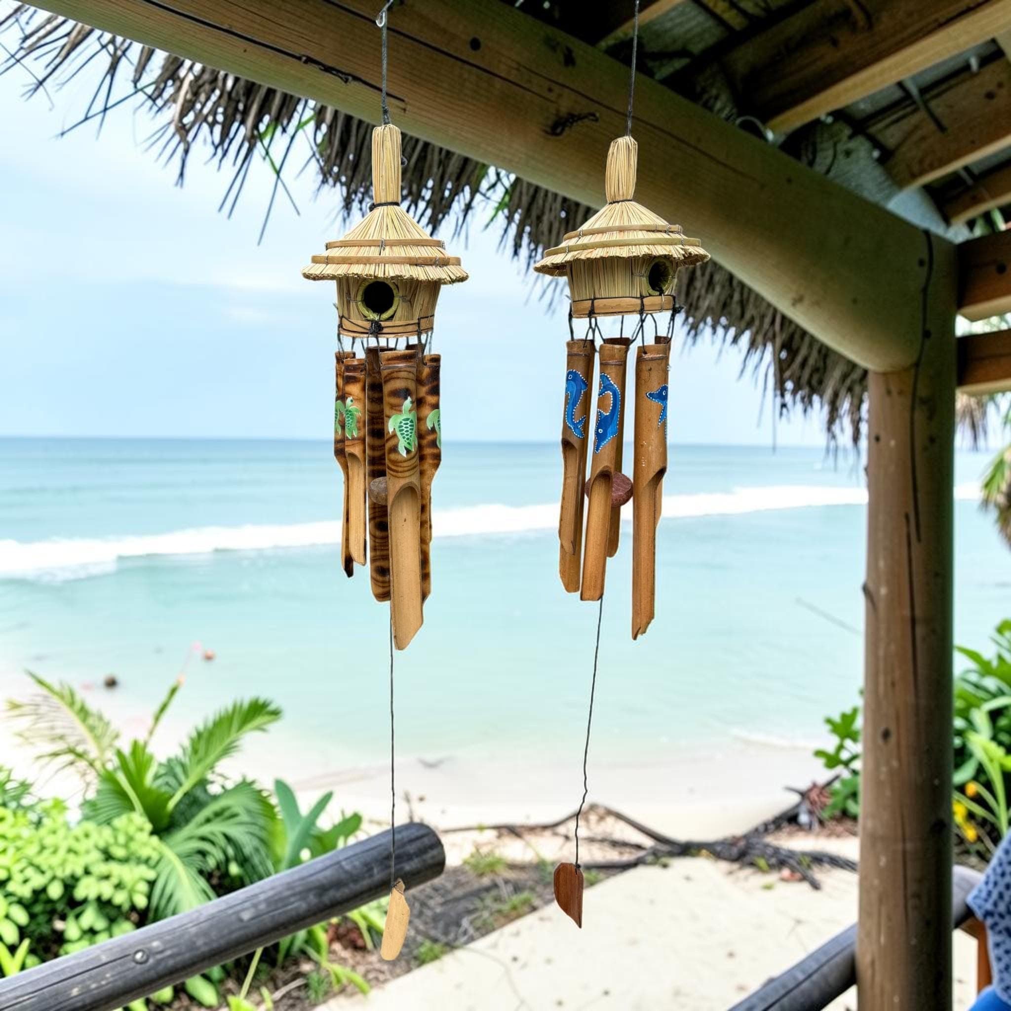 Tiki Hut Birdhouse Wind Chime, Handmade Bamboo Coastal Decor, Tropical Wind Chime, Beach House Patio Decor, Turtle Dolphin Hibiscus Starfish - Thumbnail 4