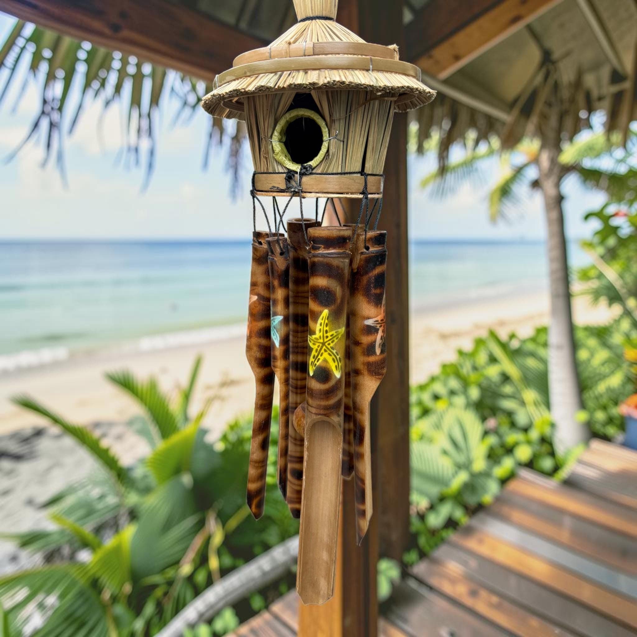 Tiki Hut Birdhouse Wind Chime, Handmade Bamboo Coastal Decor, Tropical Wind Chime, Beach House Patio Decor, Turtle Dolphin Hibiscus Starfish - Thumbnail 9