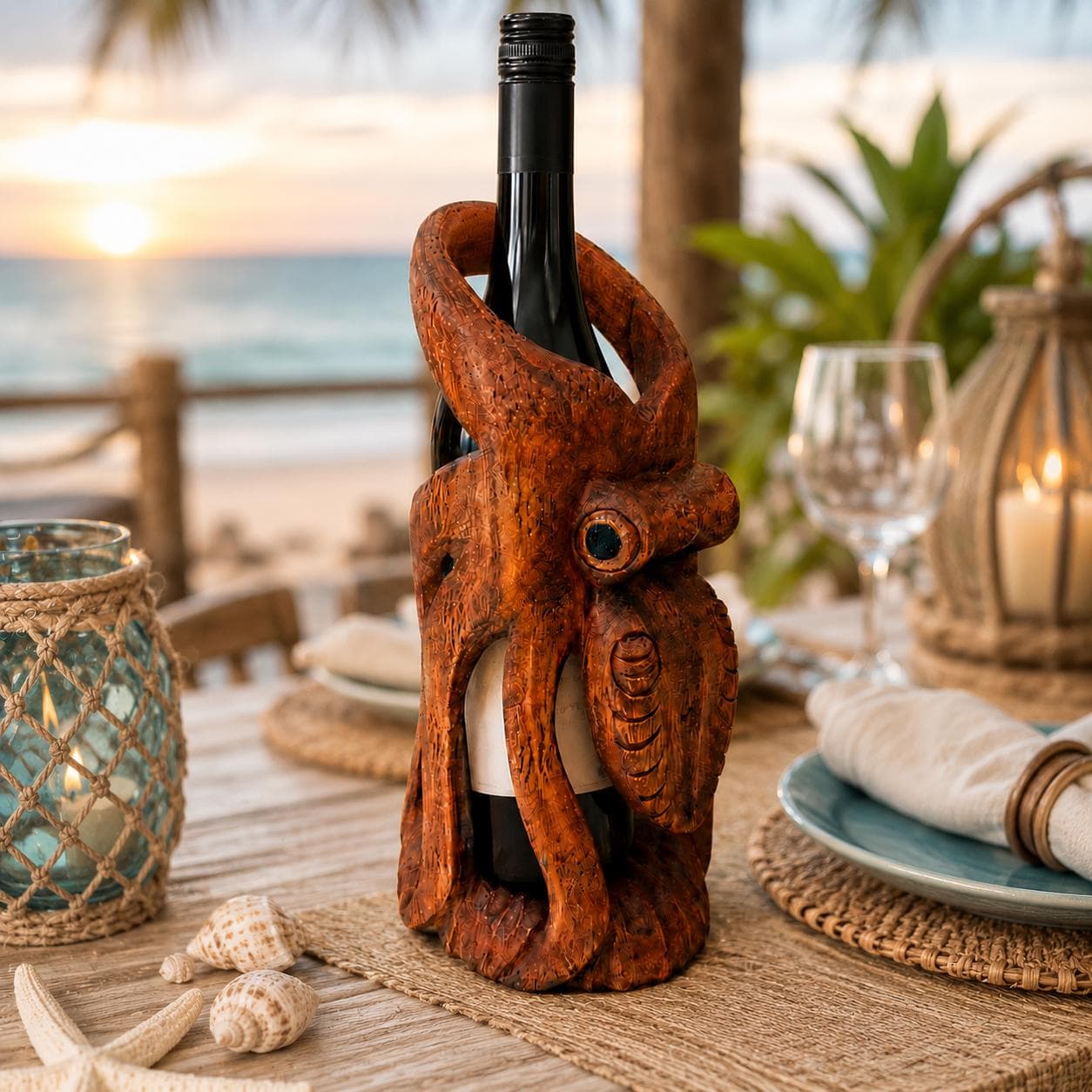 Hand Carved Wooden Octopus Wine Bottle Holder, Coastal Nautical Bar Decor - Thumbnail 9