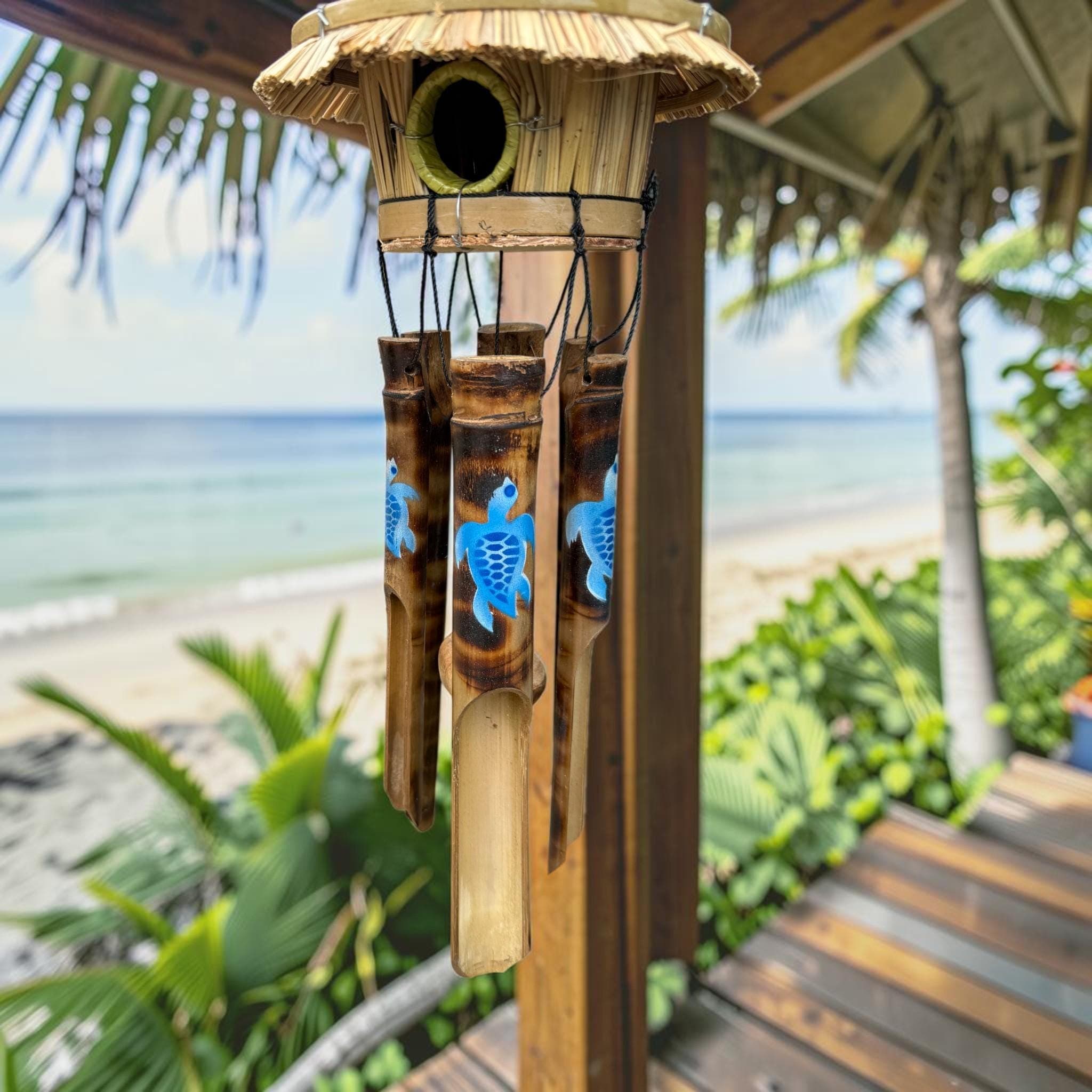 Tiki Hut Birdhouse Wind Chime, Handmade Bamboo Coastal Decor, Tropical Wind Chime, Beach House Patio Decor, Turtle Dolphin Hibiscus Starfish - Thumbnail 8