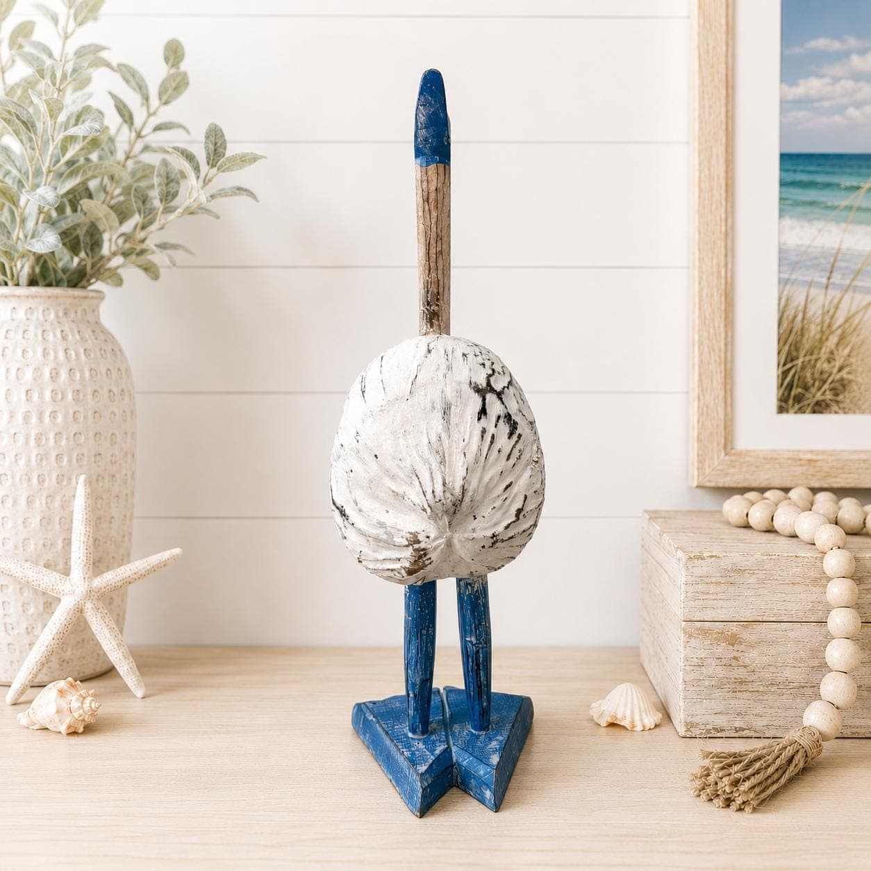 Handmade Coconut Pelican Statue, Blue Wood Coastal Bird Decor - Thumbnail 4