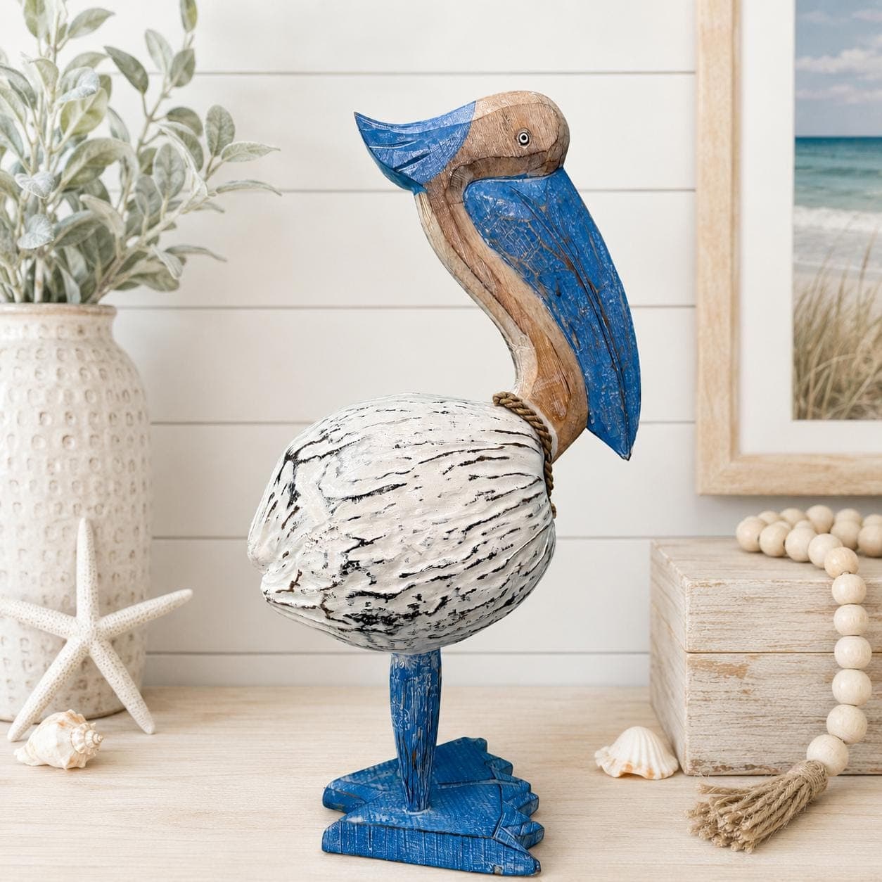 Handmade Coconut Pelican Statue, Blue Wood Coastal Bird Decor - Thumbnail 2