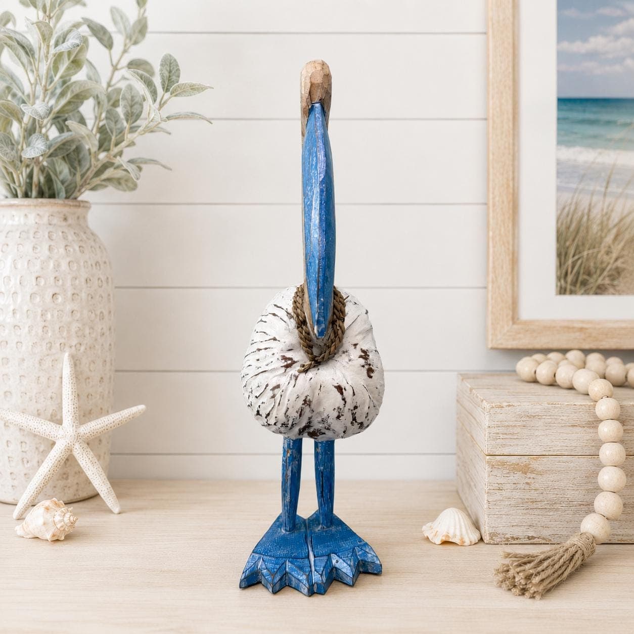 Handmade Coconut Pelican Statue, Blue Wood Coastal Bird Decor - Thumbnail 3