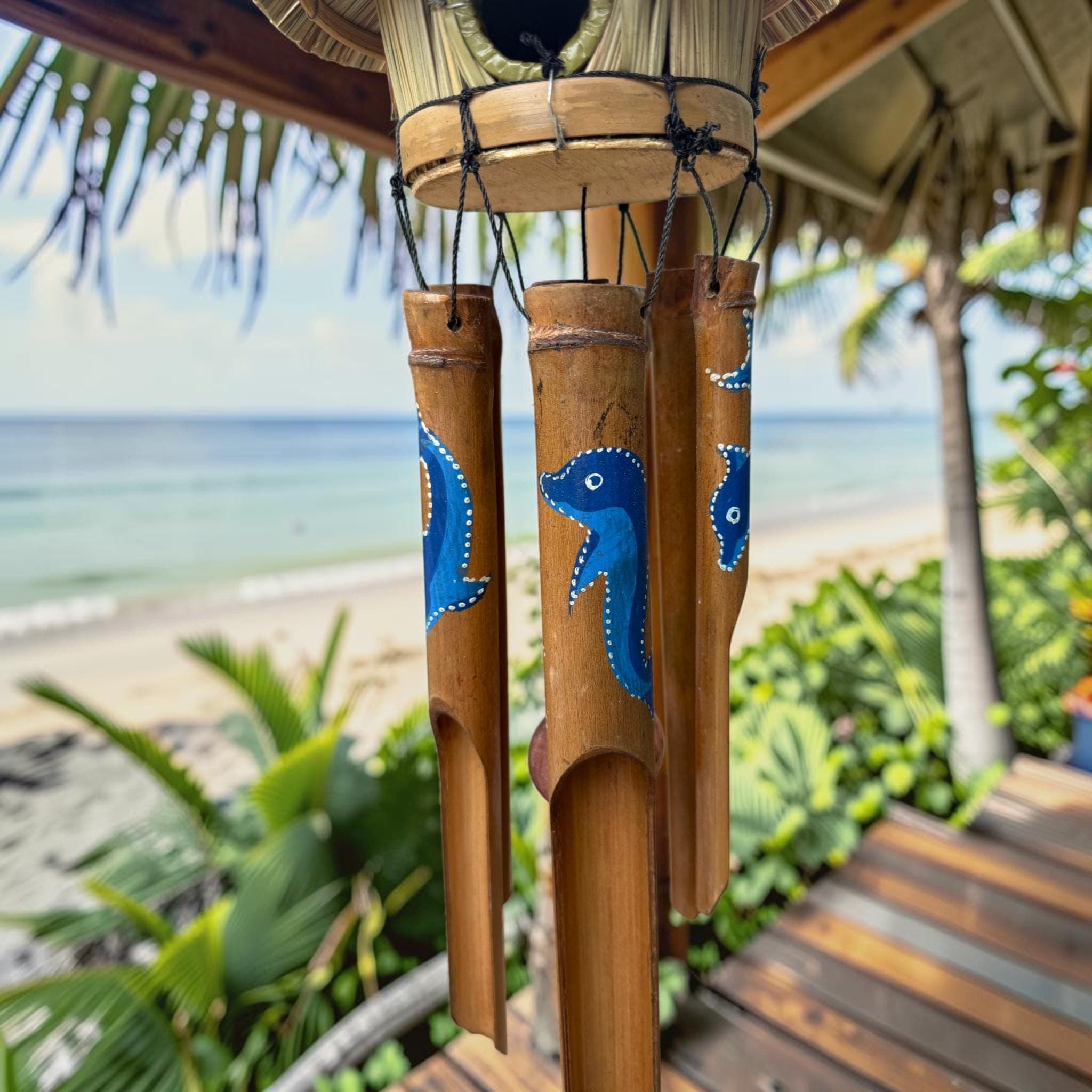 Tiki Hut Birdhouse Wind Chime, Handmade Bamboo Coastal Decor, Tropical Wind Chime, Beach House Patio Decor, Turtle Dolphin Hibiscus Starfish - Thumbnail 6
