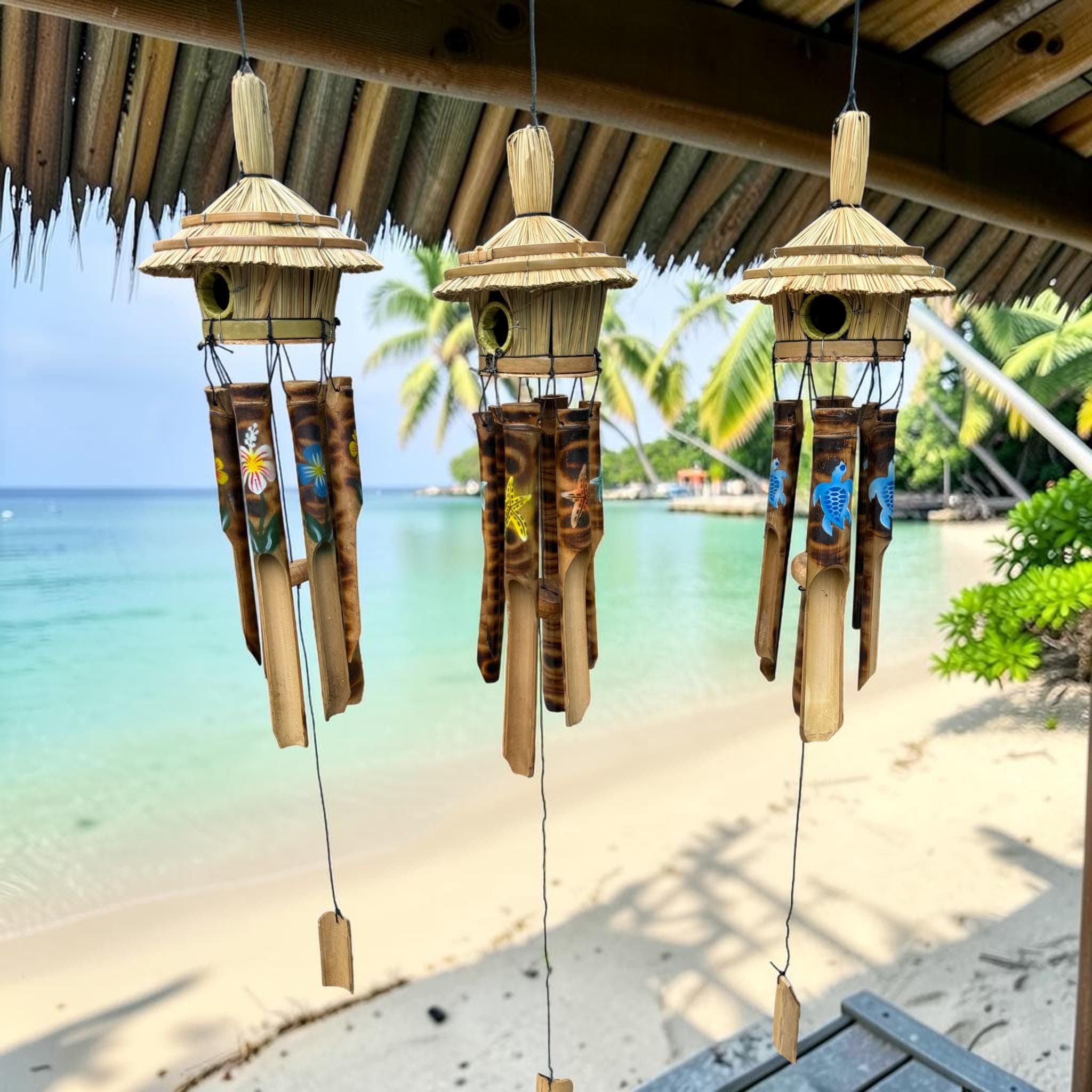 Tiki Hut Birdhouse Wind Chime, Handmade Bamboo Coastal Decor, Tropical Wind Chime, Beach House Patio Decor, Turtle Dolphin Hibiscus Starfish - Thumbnail 3