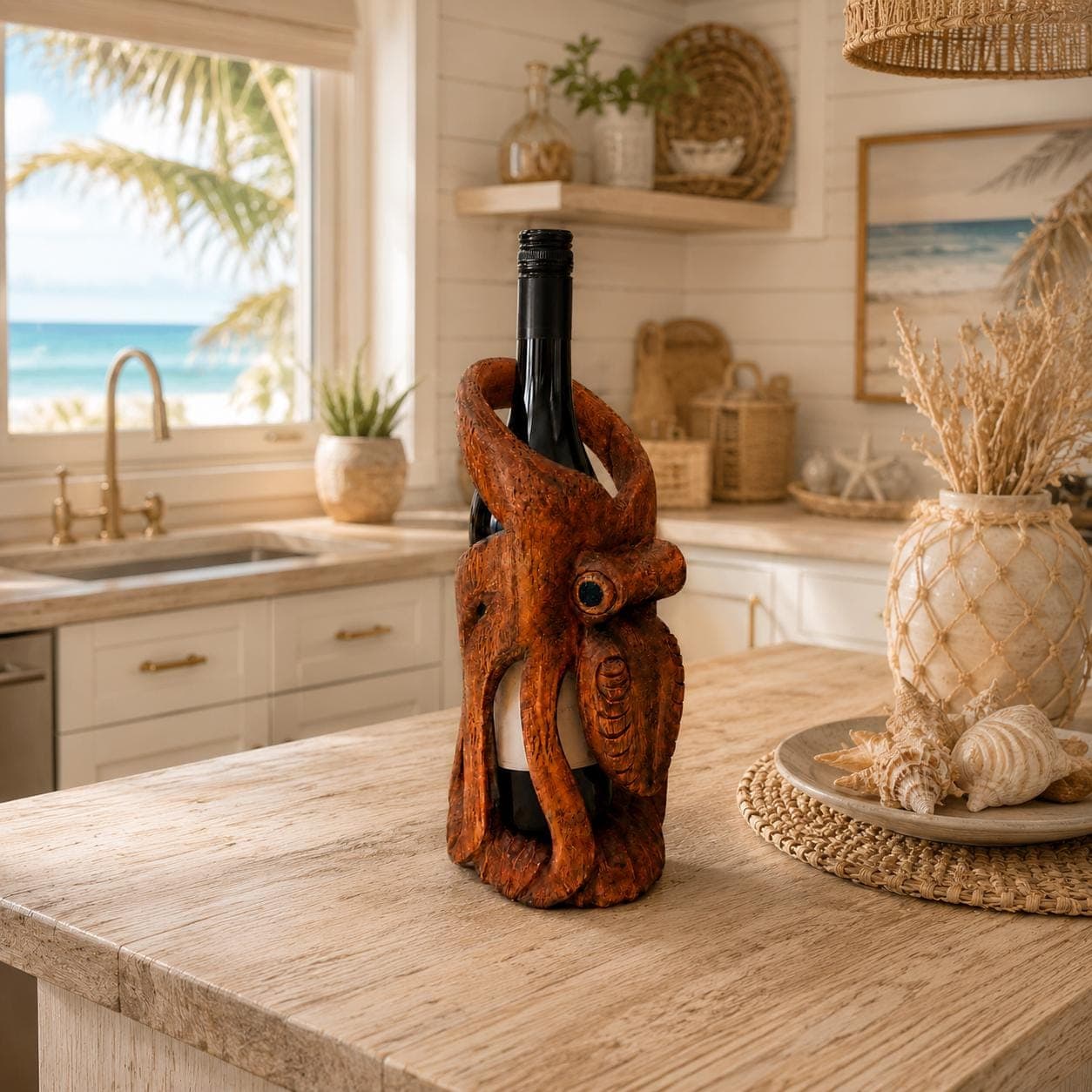 Hand Carved Wooden Octopus Wine Bottle Holder, Coastal Nautical Bar Decor - Thumbnail 10