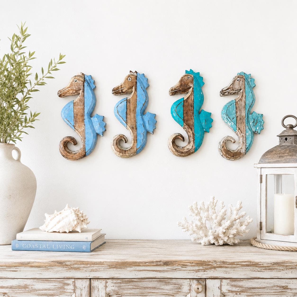 Hand Carved Wooden Seahorse Wall Decor, 10 Inch Coastal Art in Blue or Teal - Thumbnail 4