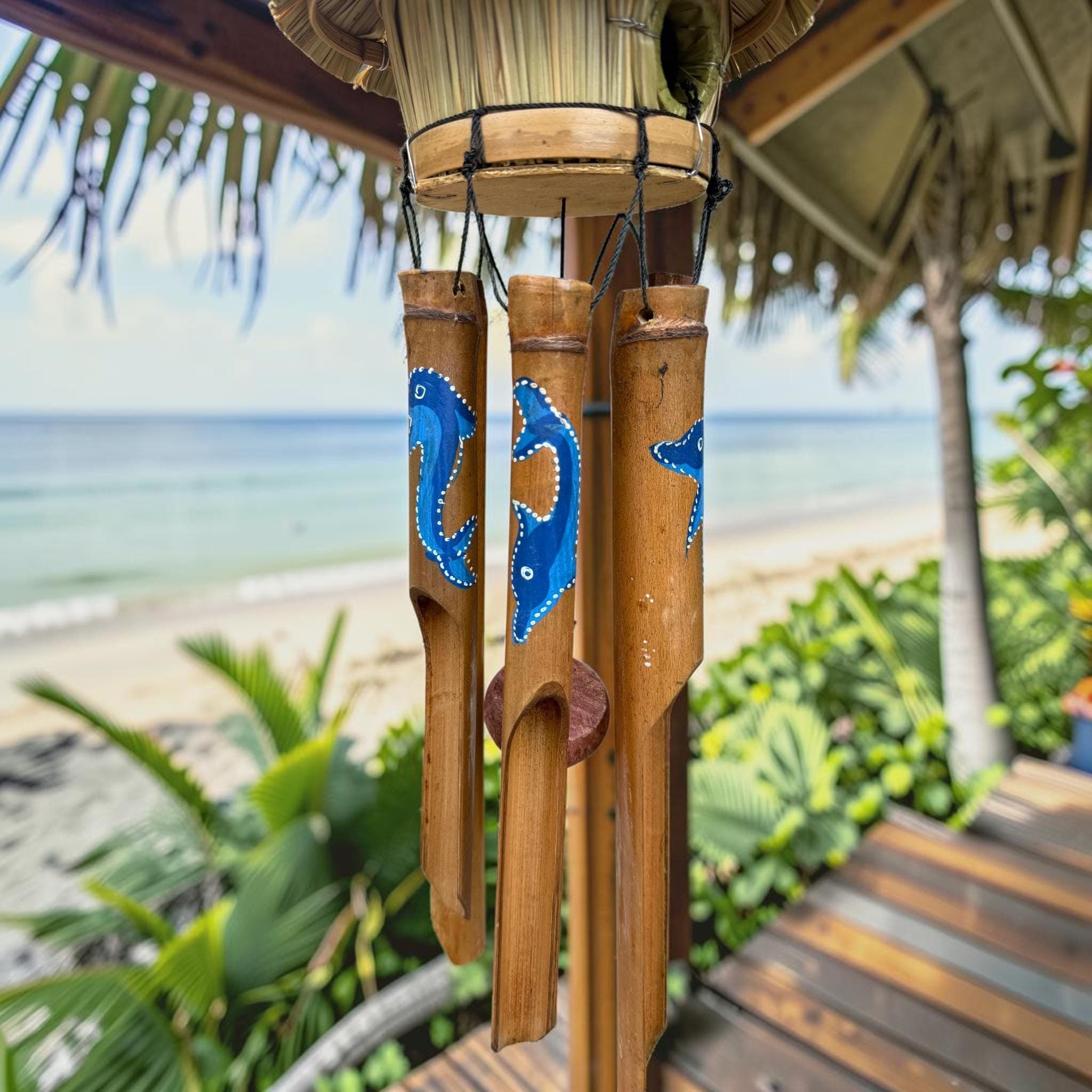 Tiki Hut Birdhouse Wind Chime, Handmade Bamboo Coastal Decor, Tropical Wind Chime, Beach House Patio Decor, Turtle Dolphin Hibiscus Starfish - Thumbnail 7
