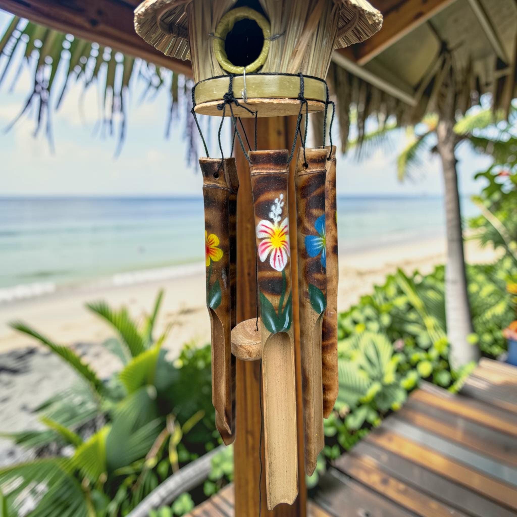 Tiki Hut Birdhouse Wind Chime, Handmade Bamboo Coastal Decor, Tropical Wind Chime, Beach House Patio Decor, Turtle Dolphin Hibiscus Starfish - Thumbnail 10