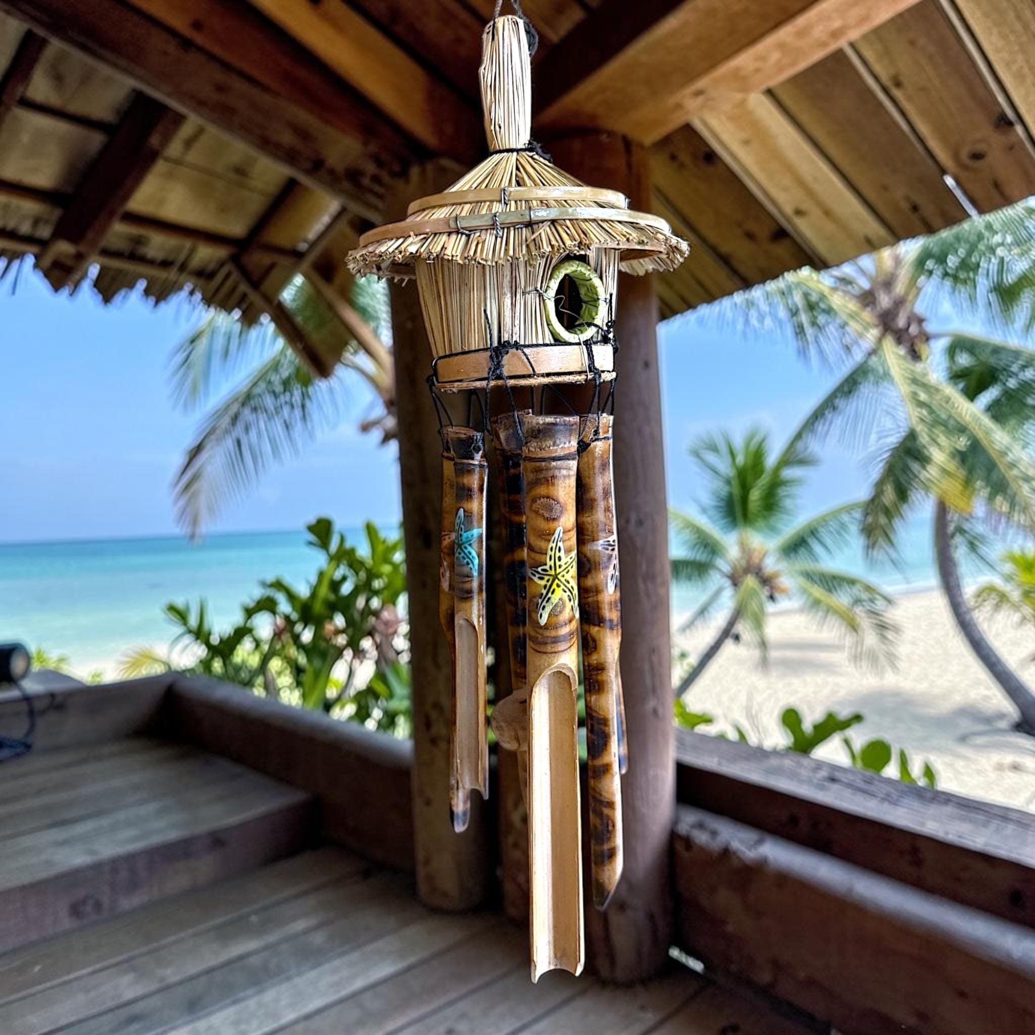 Tiki Hut Birdhouse Wind Chime, Handmade Bamboo Coastal Decor, Tropical Wind Chime, Beach House Patio Decor, Turtle Dolphin Hibiscus Starfish - Thumbnail 11
