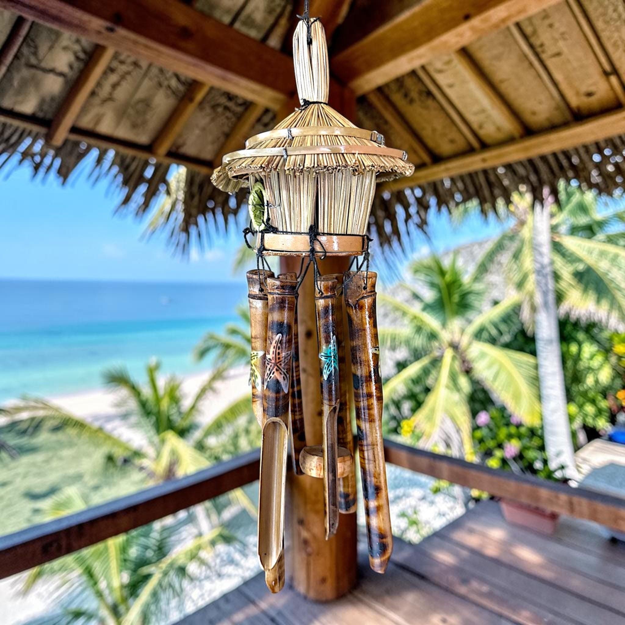 Tiki Hut Birdhouse Wind Chime, Handmade Bamboo Coastal Decor, Tropical Wind Chime, Beach House Patio Decor, Turtle Dolphin Hibiscus Starfish - Thumbnail 12