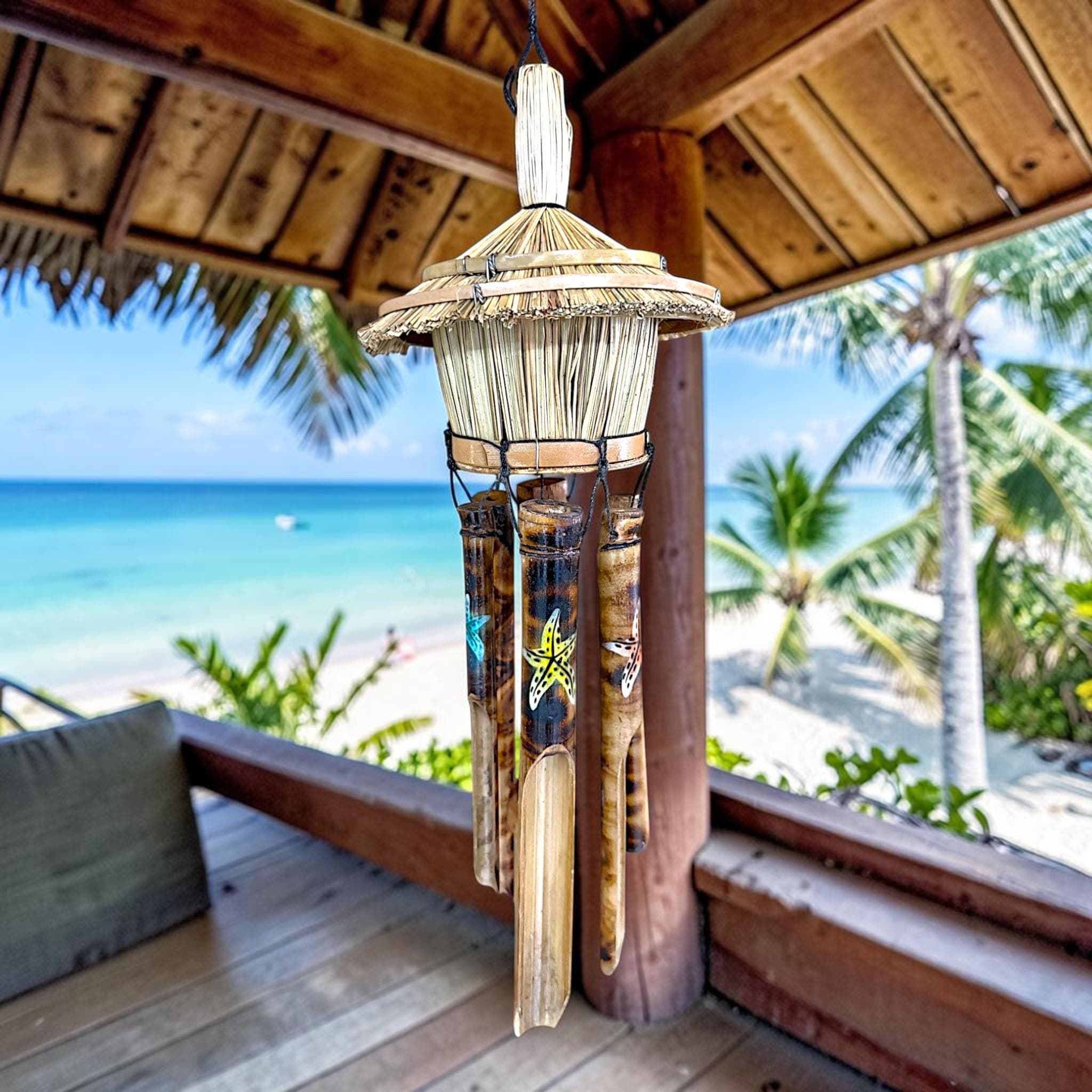 Tiki Hut Birdhouse Wind Chime, Handmade Bamboo Coastal Decor, Tropical Wind Chime, Beach House Patio Decor, Turtle Dolphin Hibiscus Starfish - Thumbnail 13