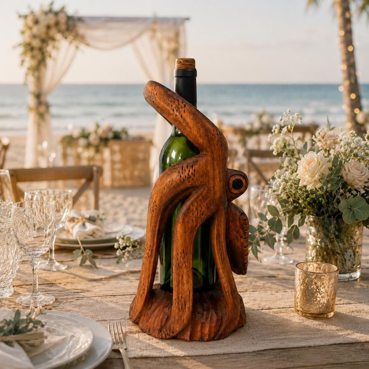 Hand Carved Wooden Octopus Wine Bottle Holder, Coastal Nautical Bar Decor - Thumbnail 2