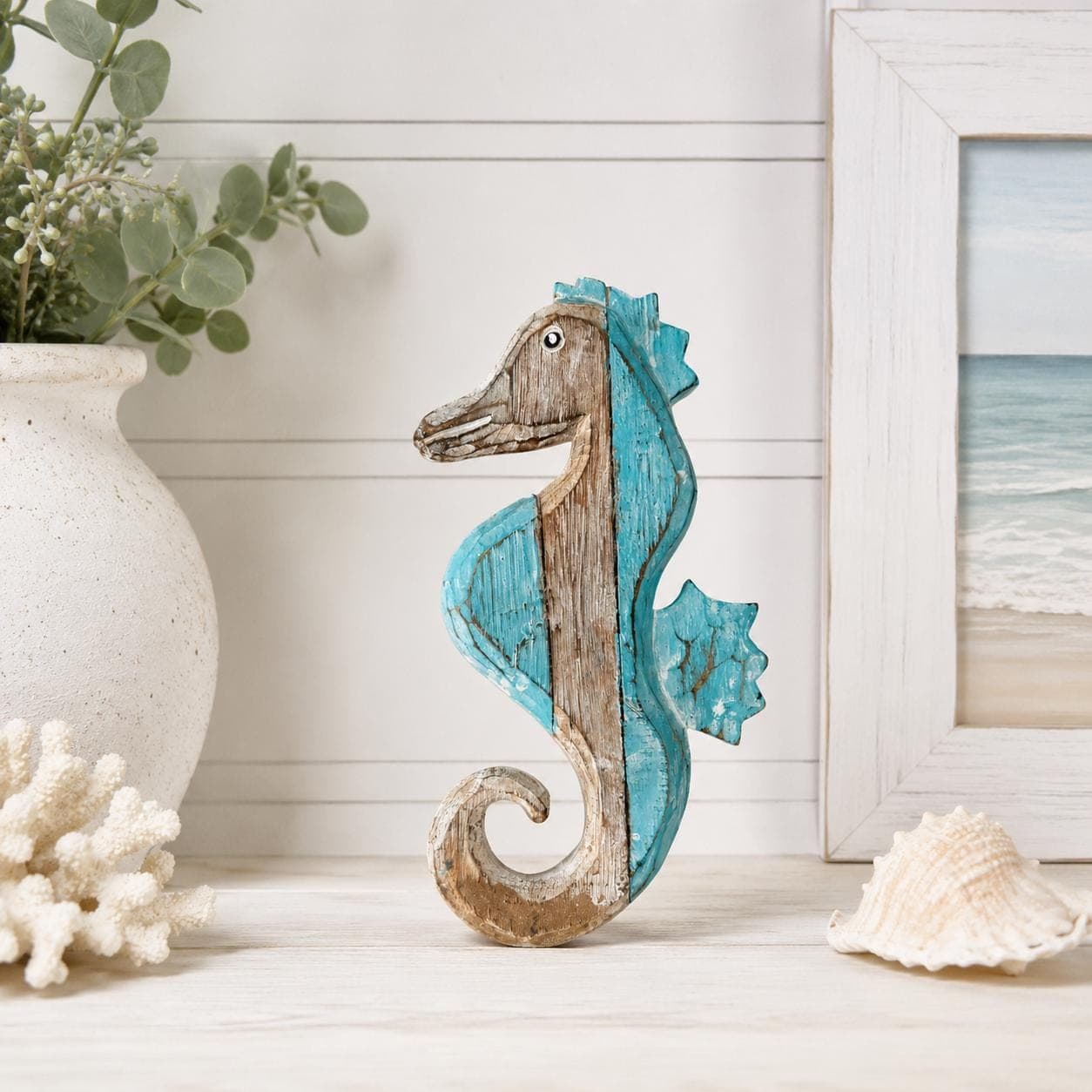 Hand Carved Wooden Seahorse Wall Decor, 10 Inch Coastal Art in Blue or Teal - Thumbnail 5