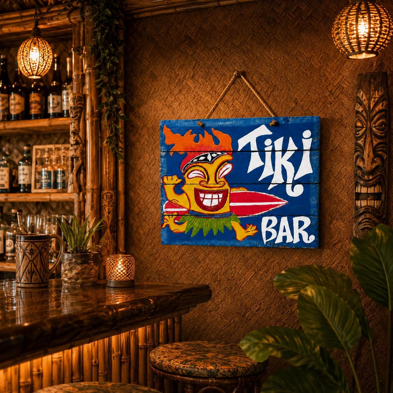 Tiki Bar Sign, Handmade Wooden Tropical Wall Decor, Surfboard Tiki Guy Sign, Pool Bar Decor, Coastal Patio Bar, Beach House Gift - Thumbnail 6