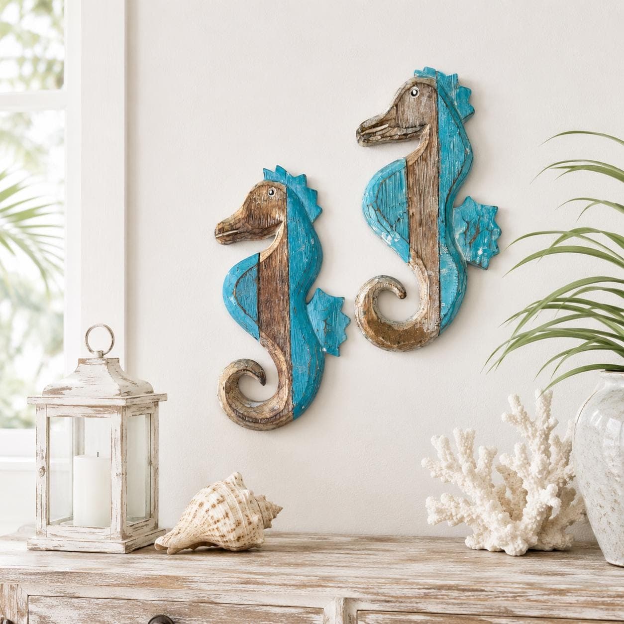 Hand Carved Wooden Seahorse Wall Decor, 10 Inch Coastal Art in Blue or Teal - Thumbnail 2