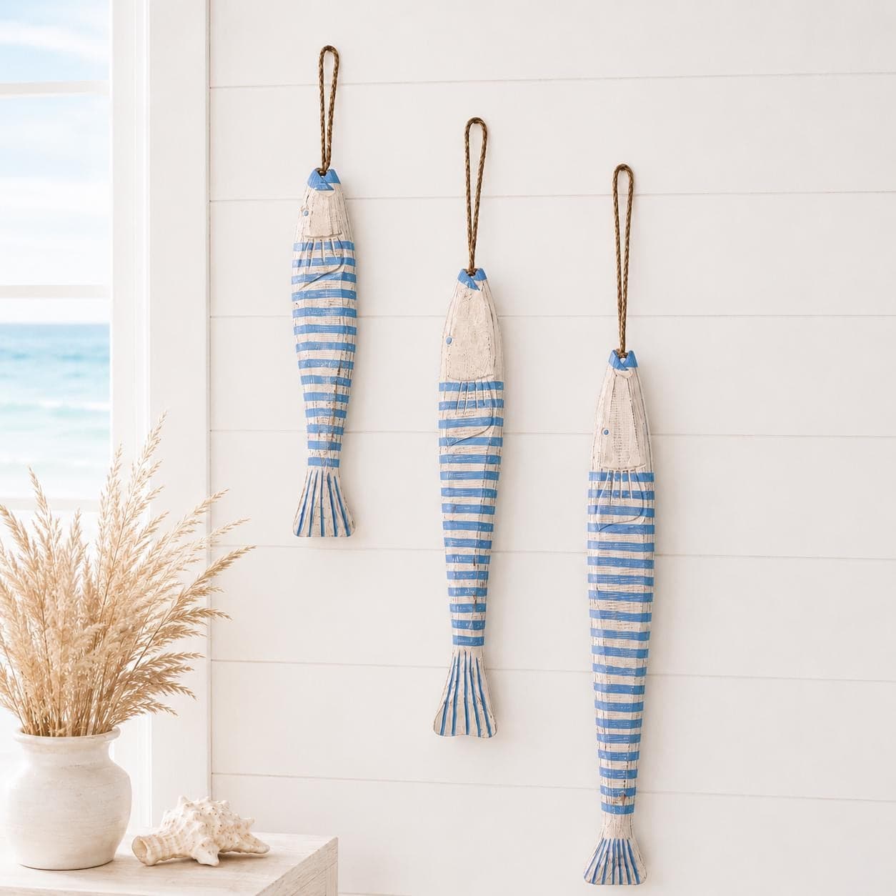 Set of 3 Wooden Fish Wall Decor, Hand Carved Nautical Beach House Hanging Fish - Thumbnail 2