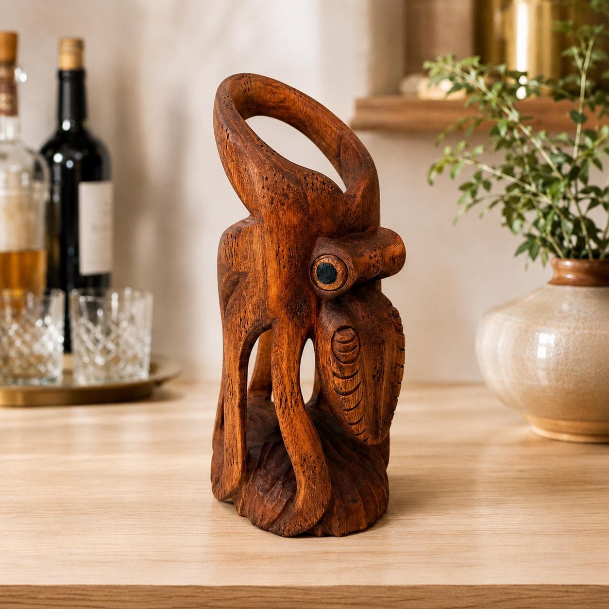 Hand Carved Wooden Octopus Wine Bottle Holder, Coastal Nautical Bar Decor - Thumbnail 3