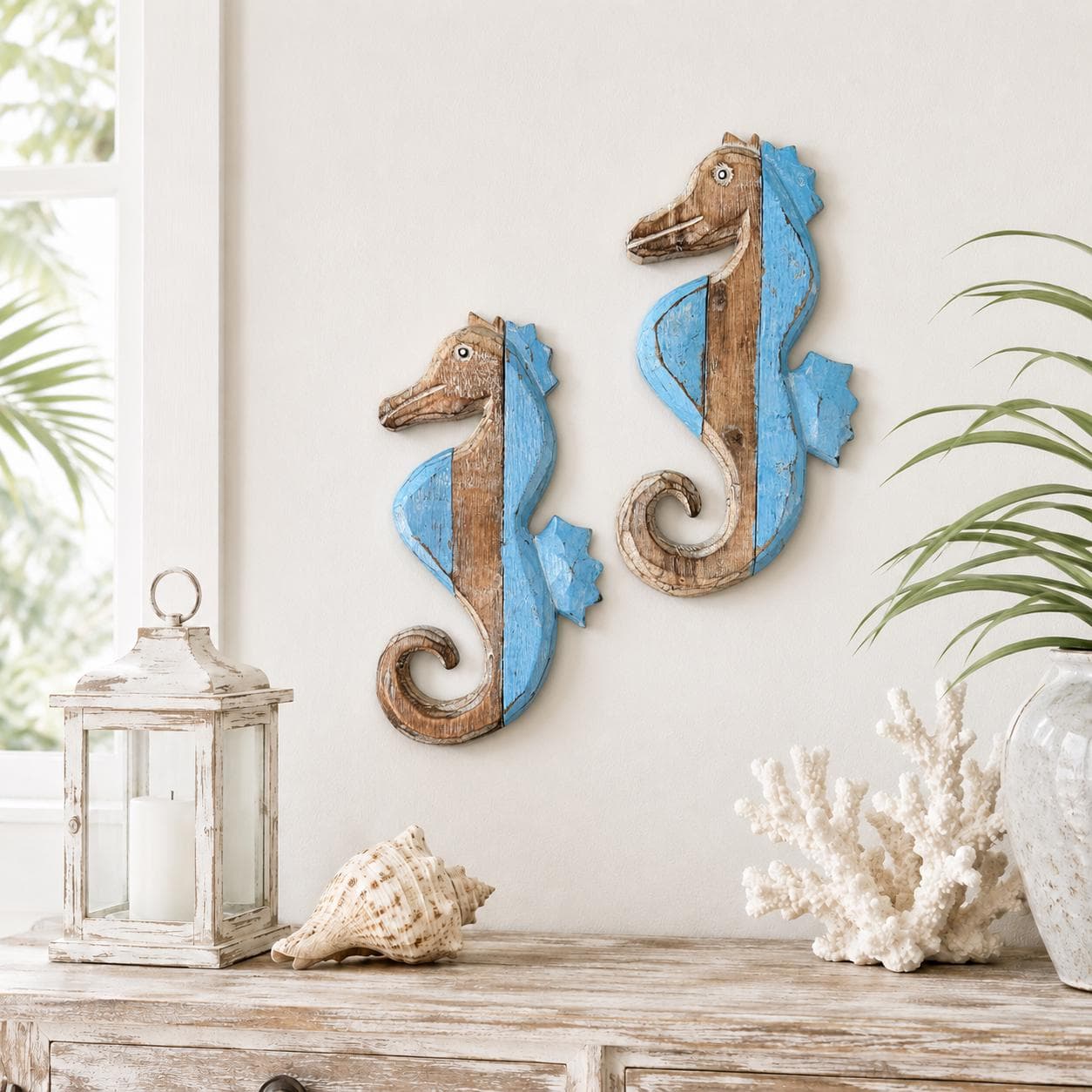 Hand Carved Wooden Seahorse Wall Decor, 10 Inch Coastal Art in Blue or Teal - Thumbnail 3