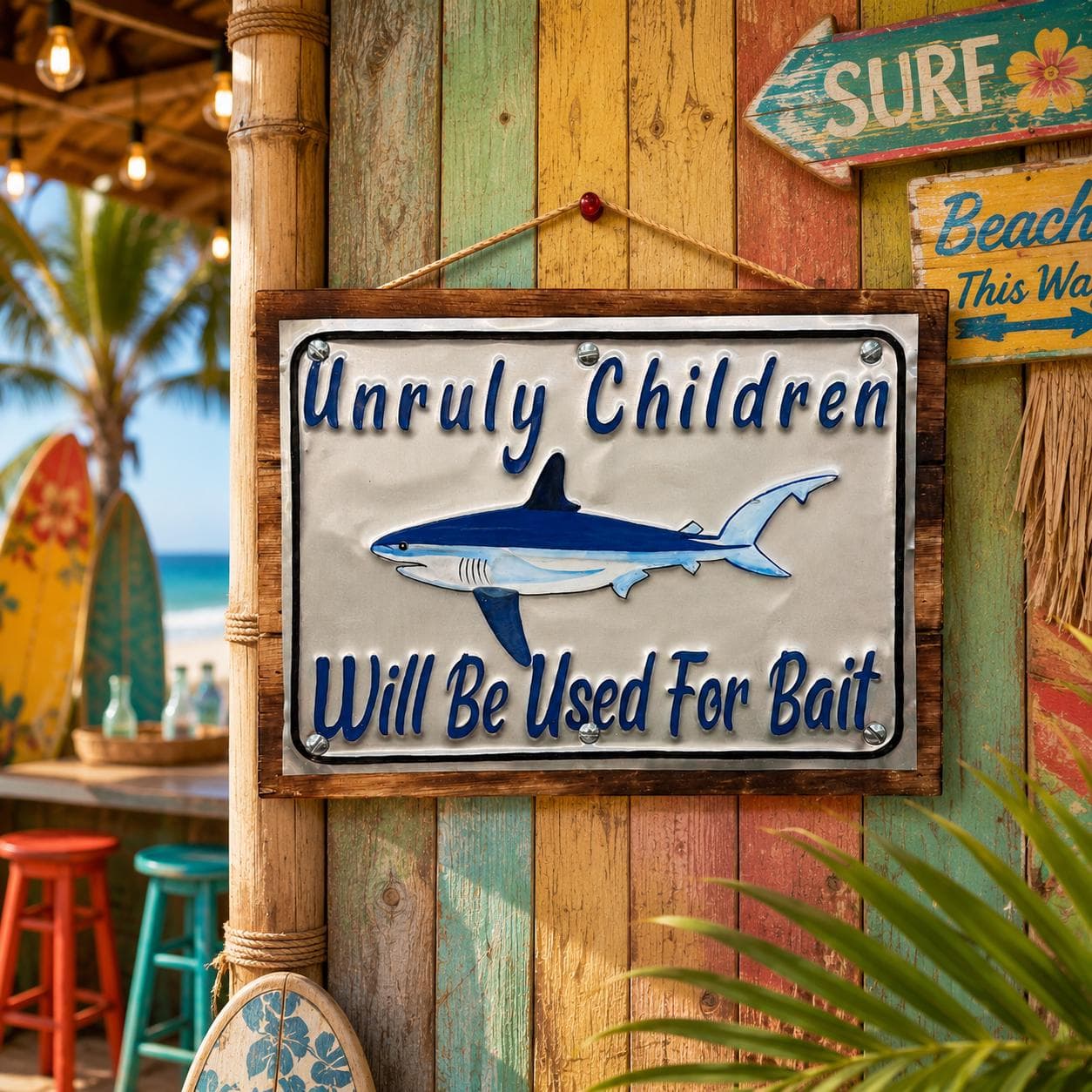 Funny "Unruly Children" Shark Wall Sign, Handmade Wood and Metal Beach House Decor, Tiki Bar Fishing Cabin Sign - Thumbnail 2