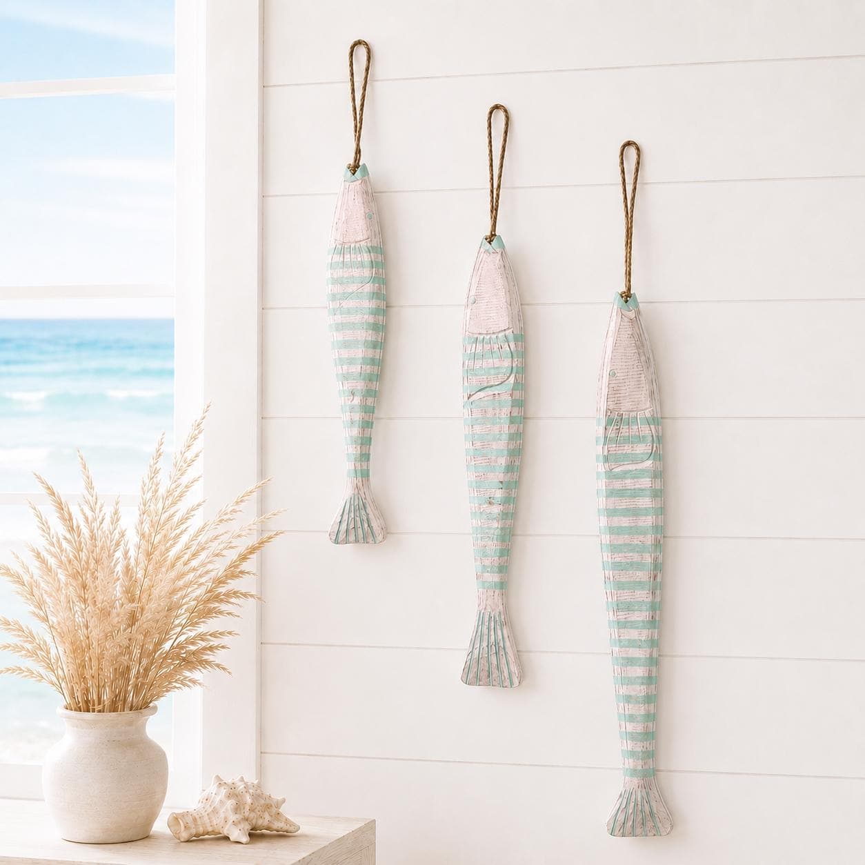 Set of 3 Wooden Fish Wall Decor, Hand Carved Nautical Beach House Hanging Fish - Thumbnail 4