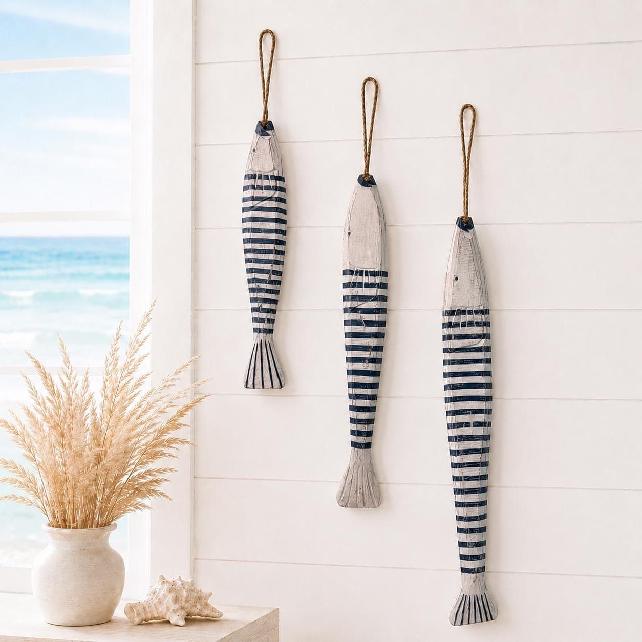 Set of 3 Wooden Fish Wall Decor, Hand Carved Nautical Beach House Hanging Fish - Thumbnail 6