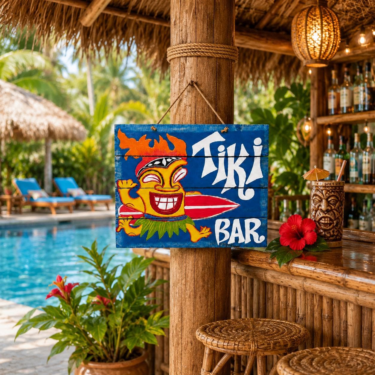 Tiki Bar Sign, Handmade Wooden Tropical Wall Decor, Surfboard Tiki Guy Sign, Pool Bar Decor, Coastal Patio Bar, Beach House Gift - Thumbnail 5
